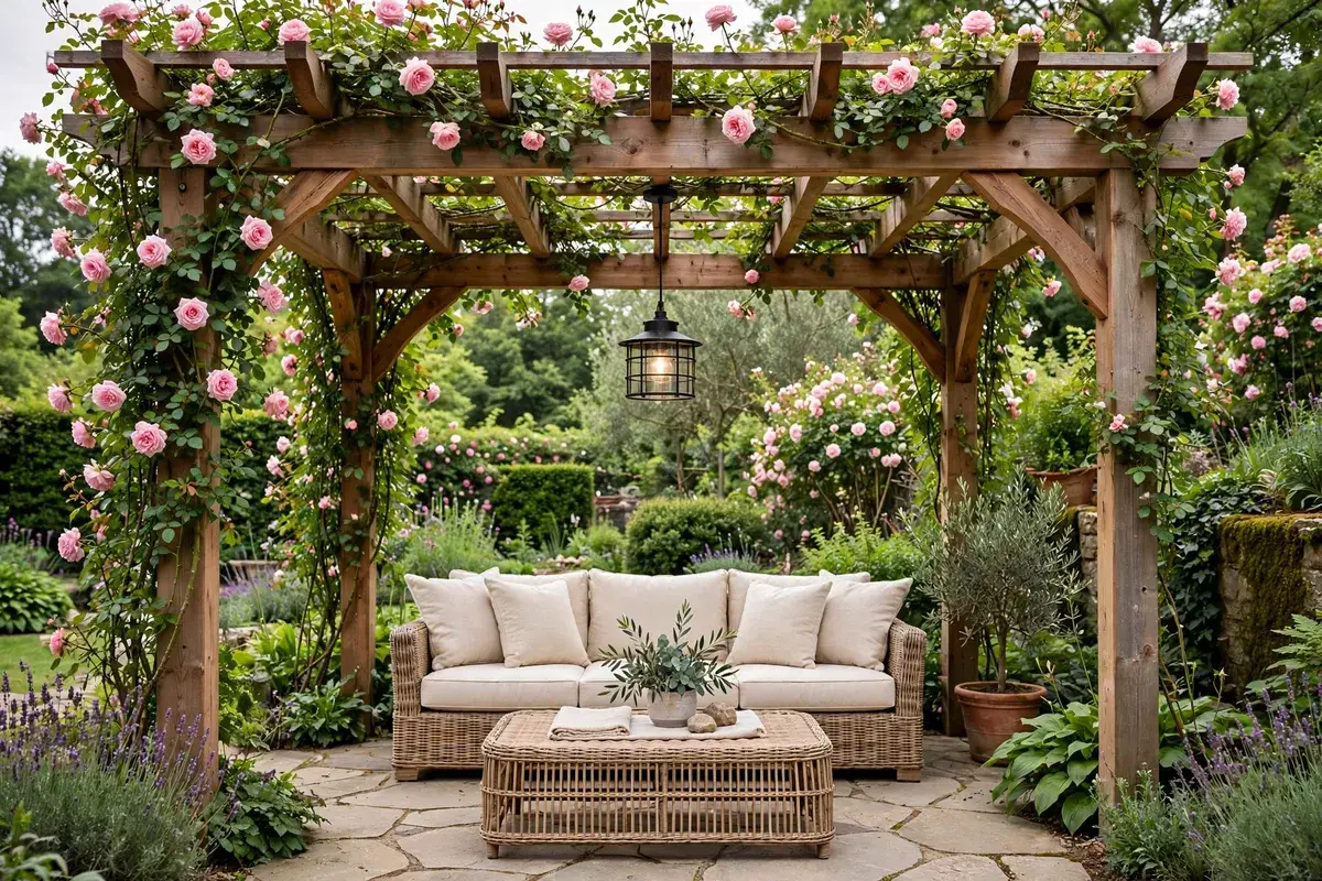 Cedar pergola covered in climbing roses over a wicker patio lounge set with hanging lantern
