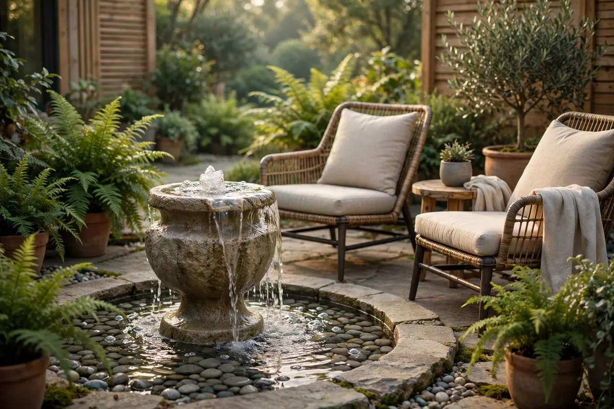 Bubbling stone urn water feature with pebble basin beside patio lounge chairs