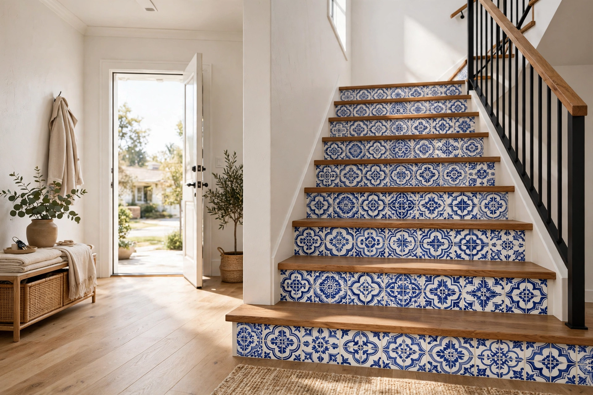 Staircase risers decorated with blue and white peel-and-stick patterned tile decals