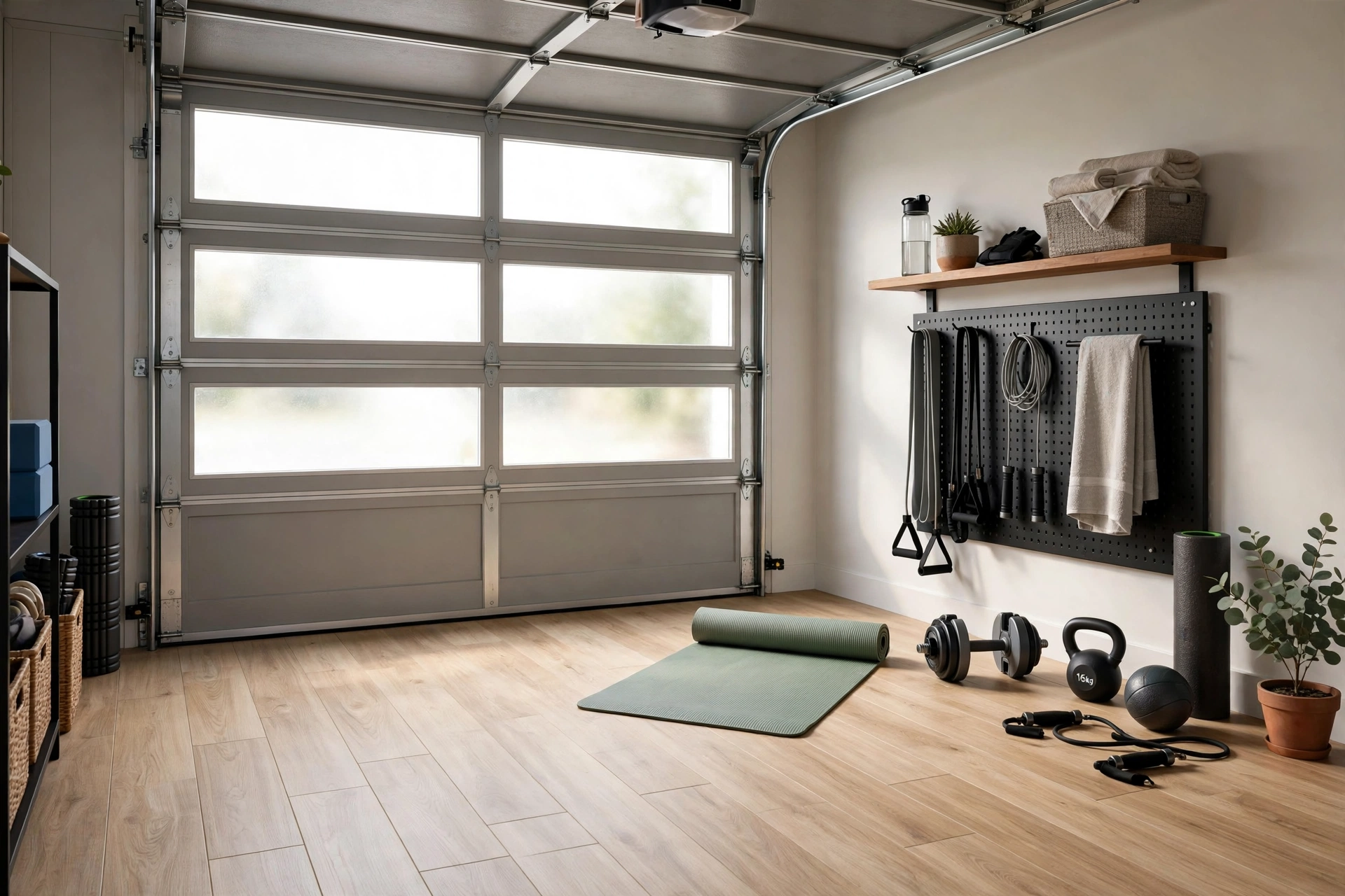Garage corner converted to a home gym with light oak wood-look peel-and-stick vinyl floor tiles