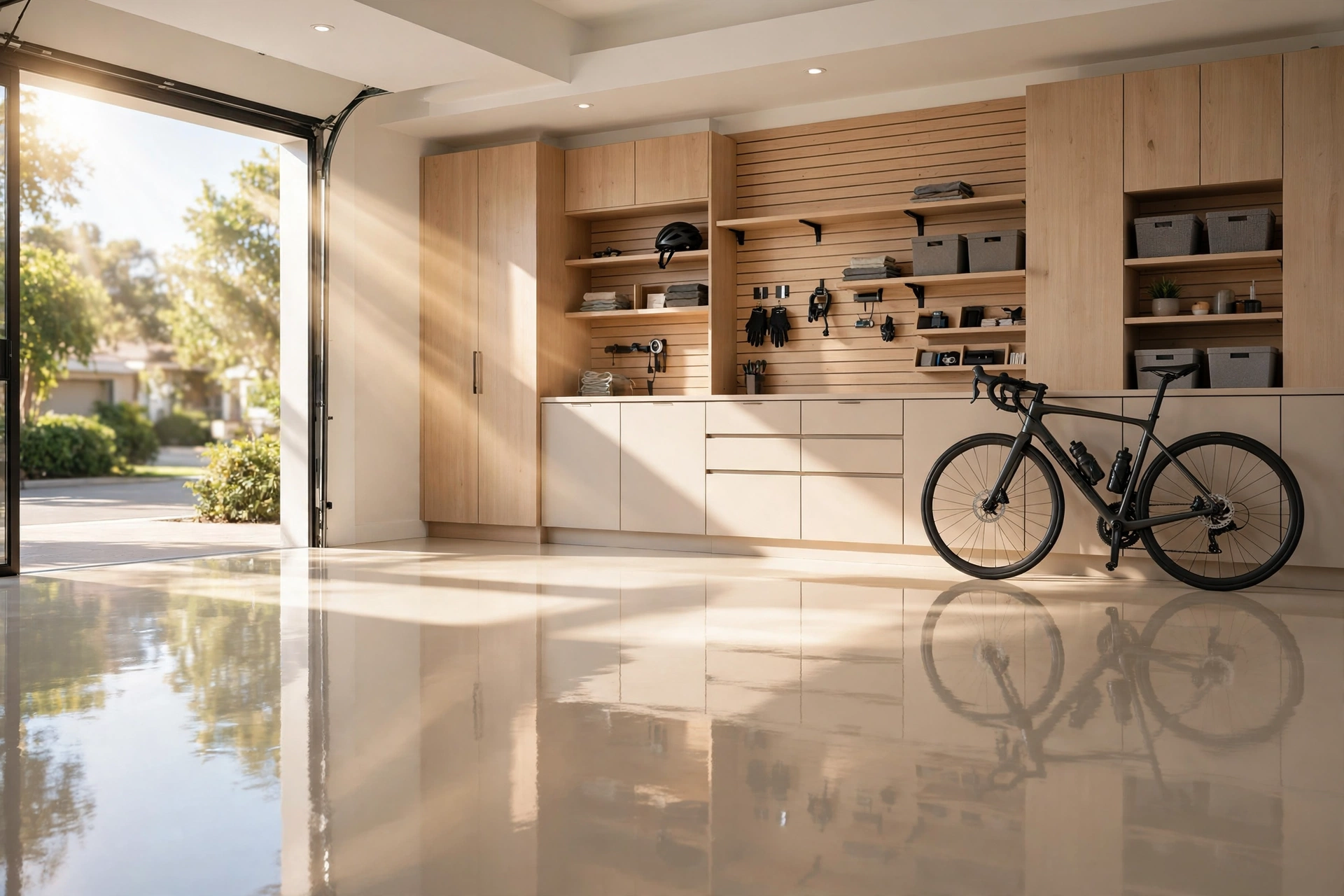 Bright garage with a high-gloss polyaspartic coated floor in warm putty white
