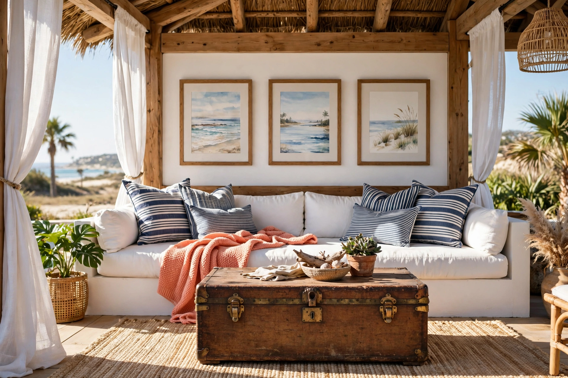 Coastal-styled cabana interior with navy striped pillows, beach artwork and a storage trunk coffee table