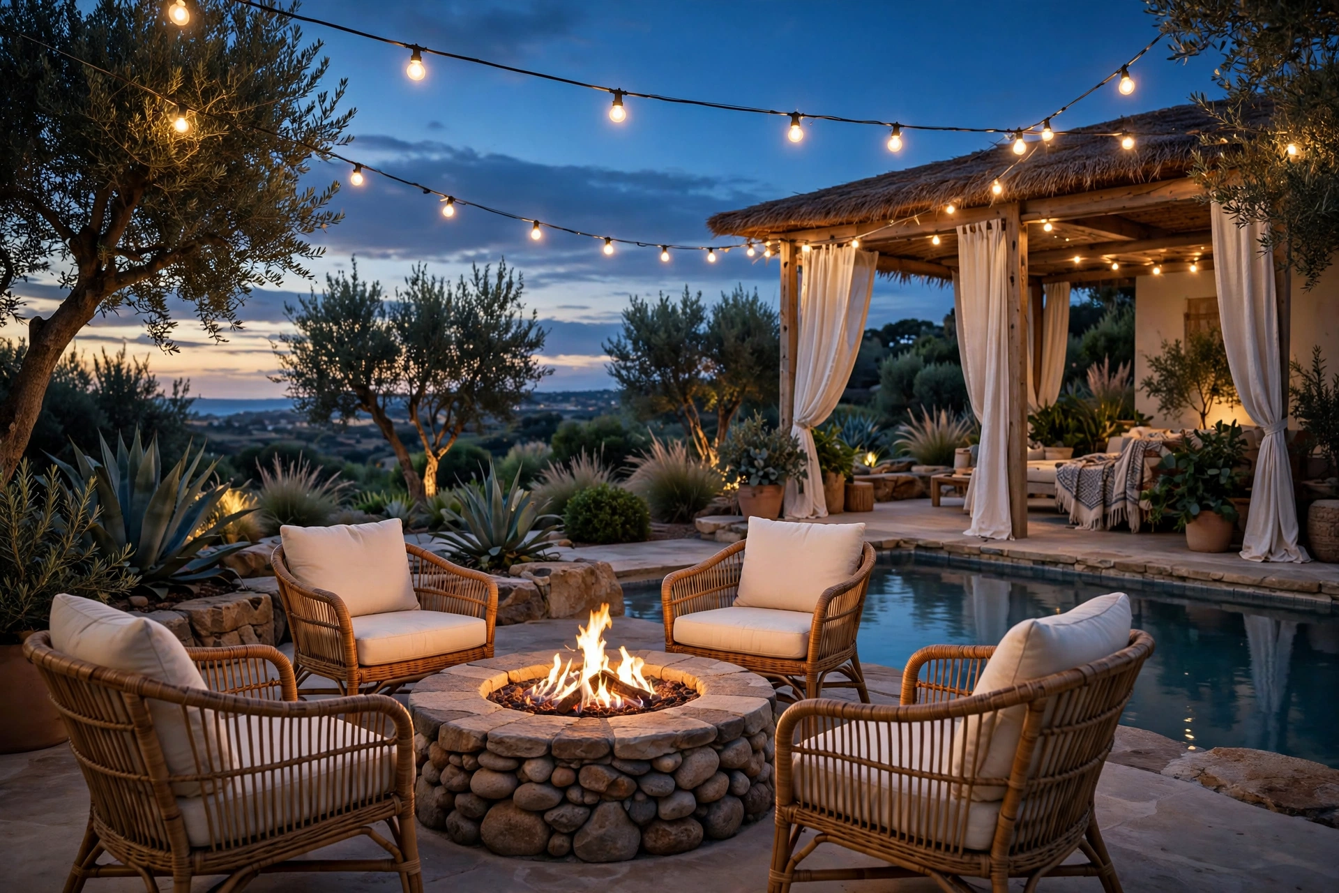 Stone fire pit glowing beside a poolside cabana with wicker chairs at twilight