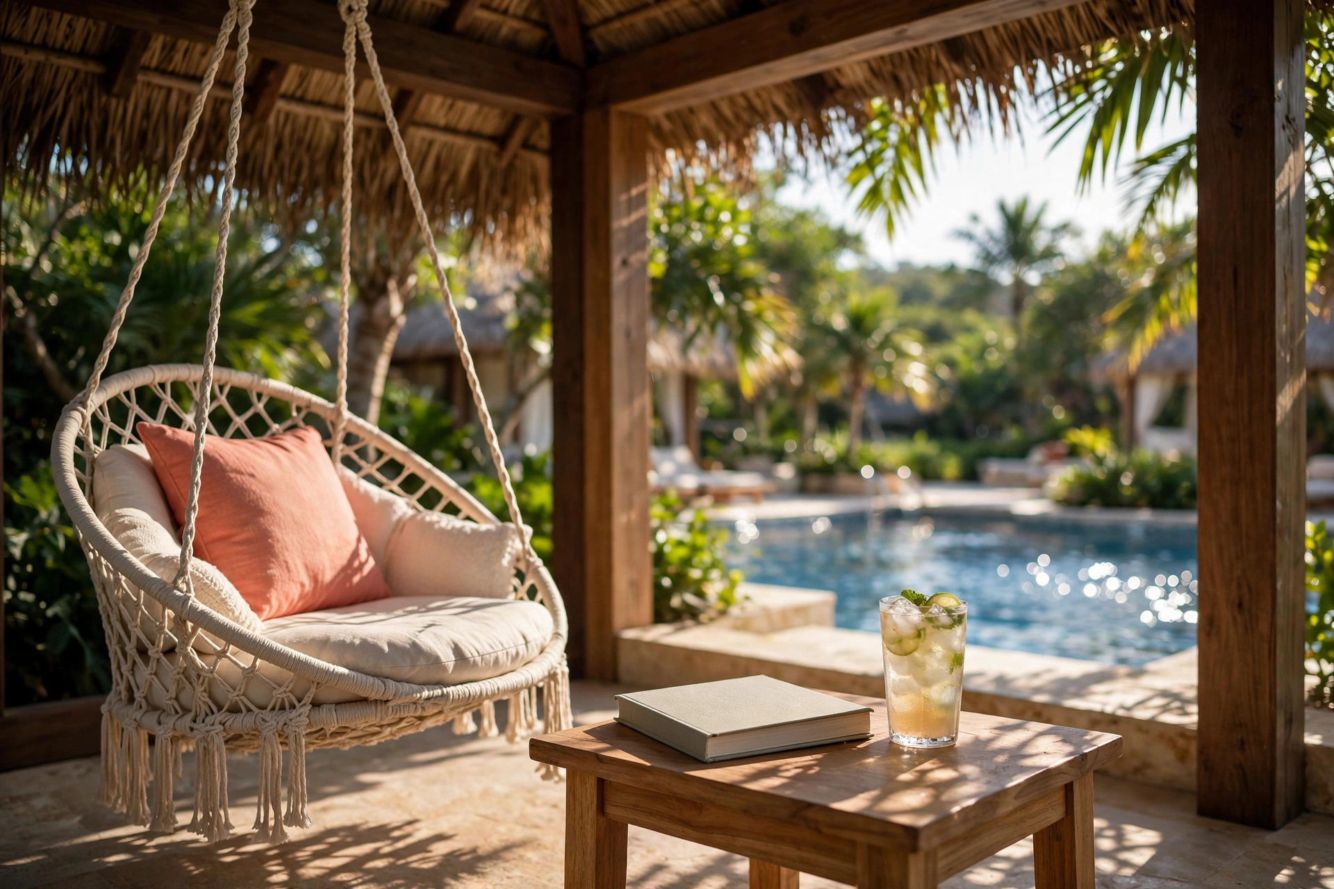 Macrame hanging chair with cushions in a shady cabana corner with a pool view