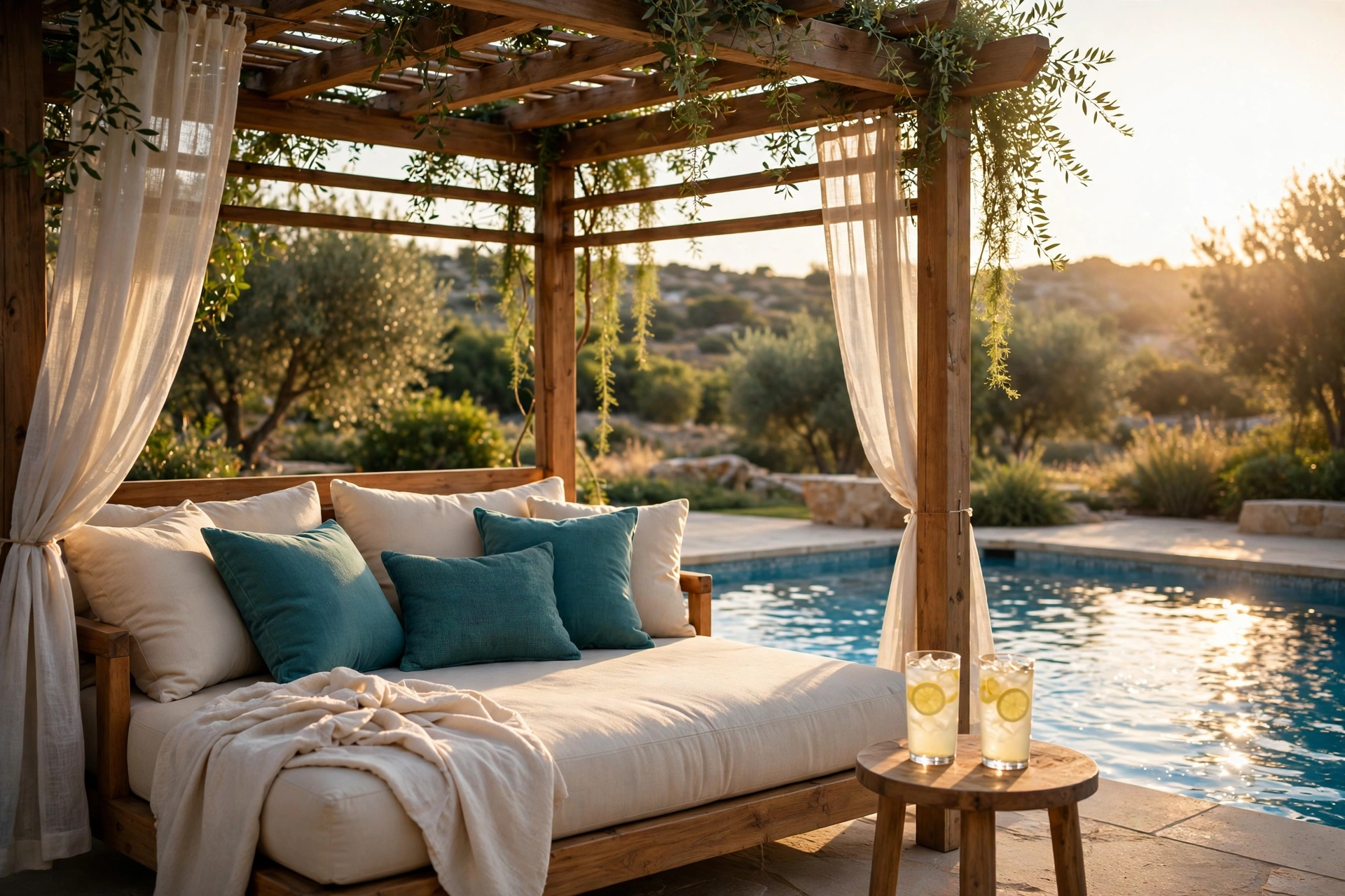 Outdoor daybed with cream cushions and teal throw pillows under a wooden pergola cabana by the pool