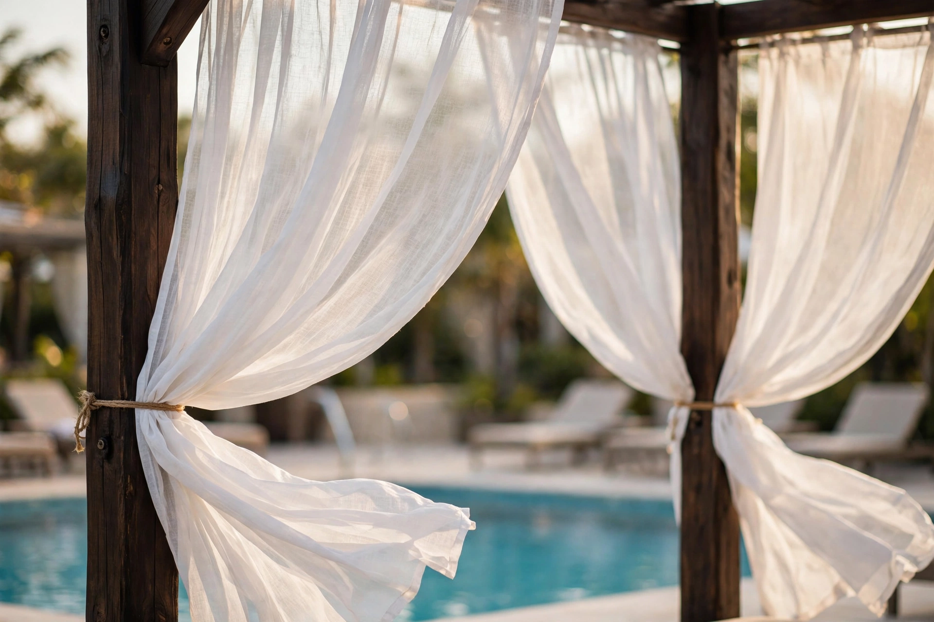 Sheer white outdoor curtains tied to dark wooden cabana posts with a turquoise pool view beyond