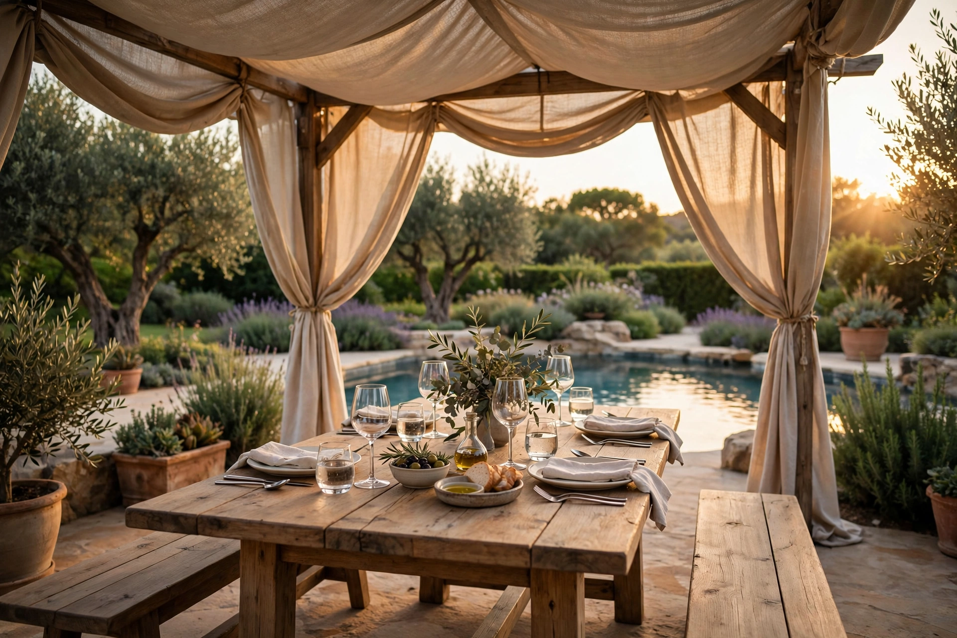 Al fresco dining set for four under a draped canvas cabana canopy near a swimming pool
