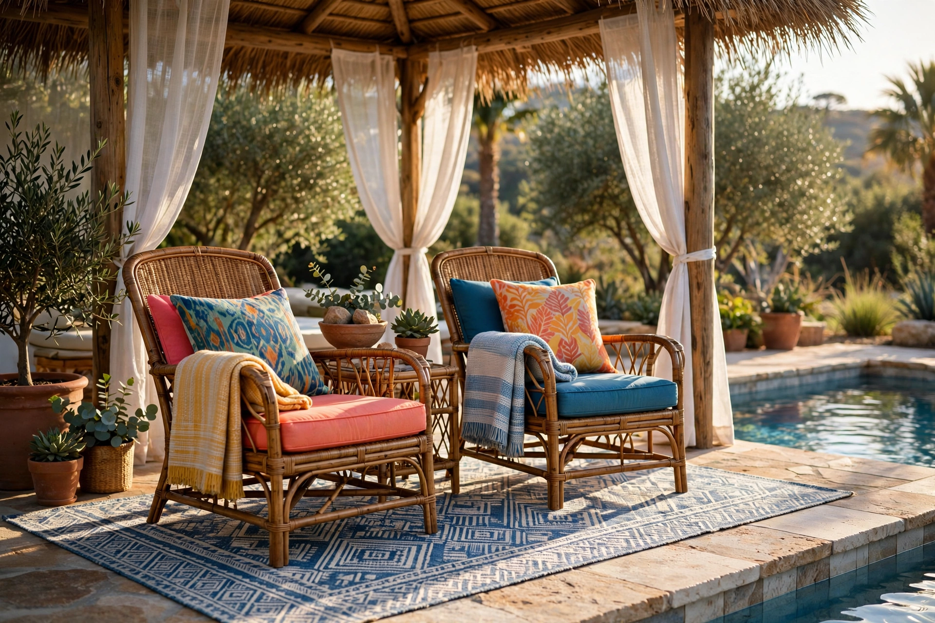 Rattan lounge chairs with colorful weather-resistant cushions on a patterned outdoor rug inside a poolside cabana