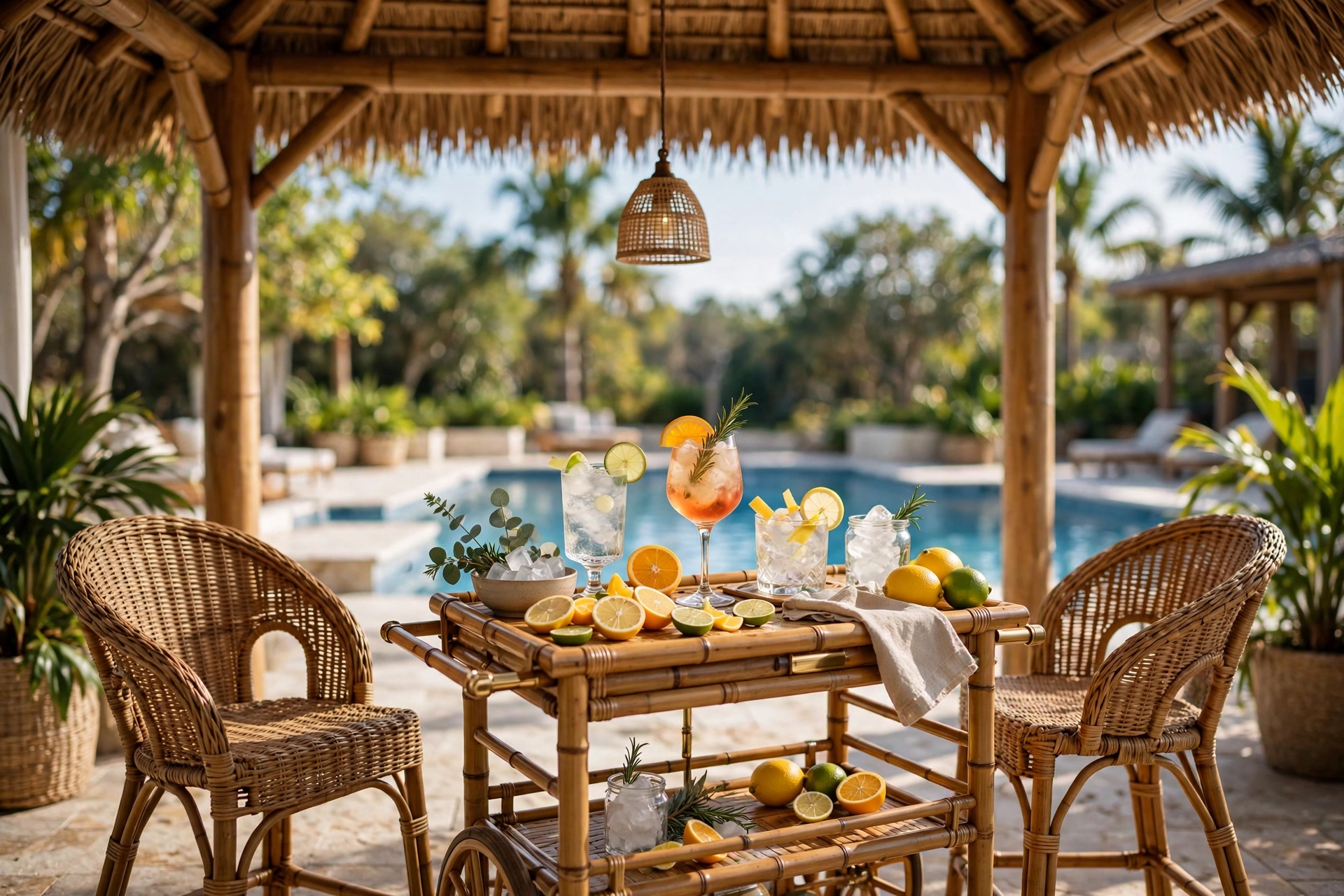 Bamboo bar cart with cocktails and citrus beside wicker chairs under a thatched cabana by the pool