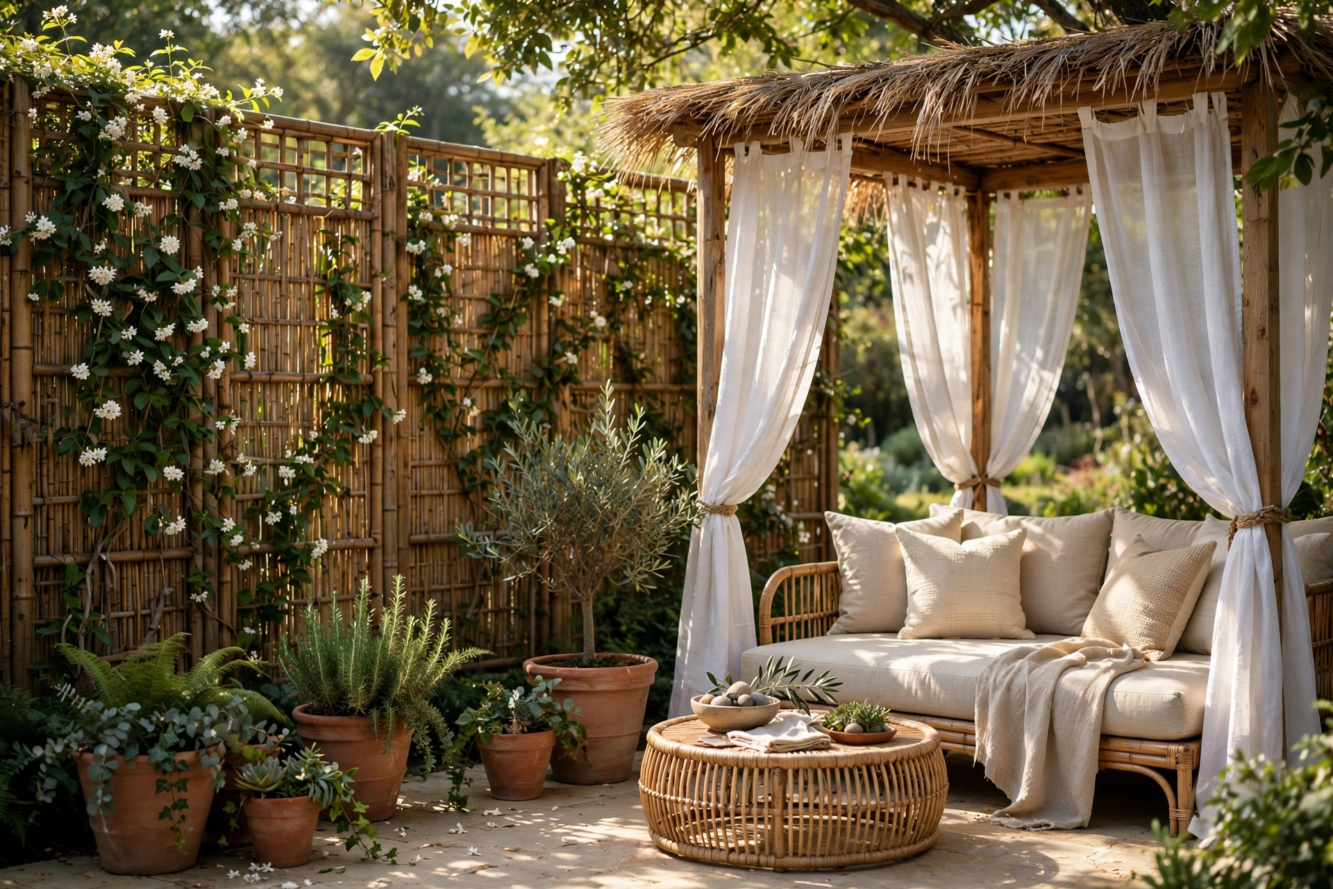 Bamboo privacy screen with climbing jasmine beside a cabana lounge area with curtains
