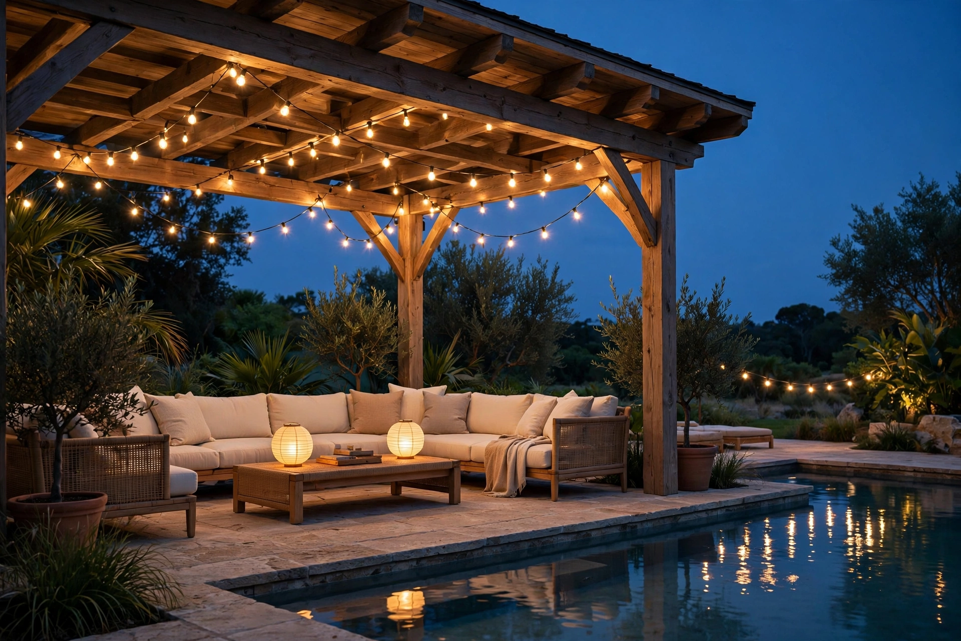 Poolside cabana glowing with warm string lights and lanterns at dusk beside a reflecting pool