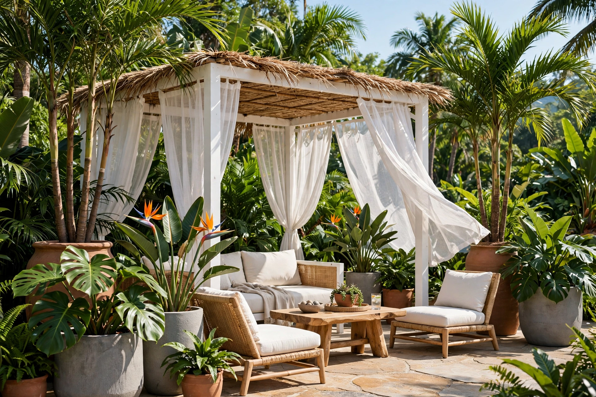 Tall potted palms and tropical plants surrounding a white poolside cabana with sheer curtains