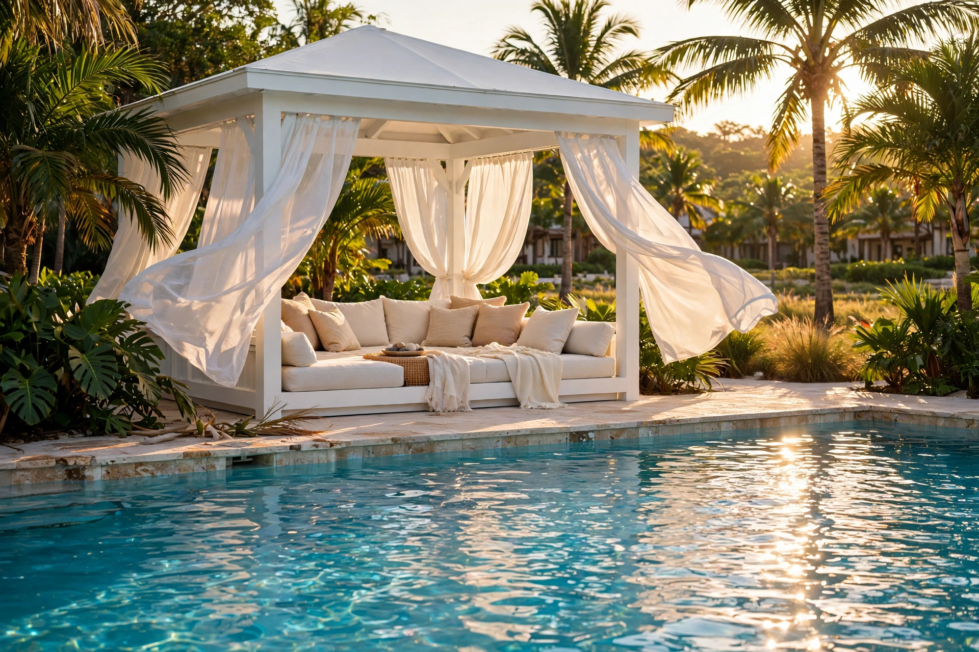 White poolside cabana with billowing sheer curtains and lounge seating beside a turquoise pool at golden hour