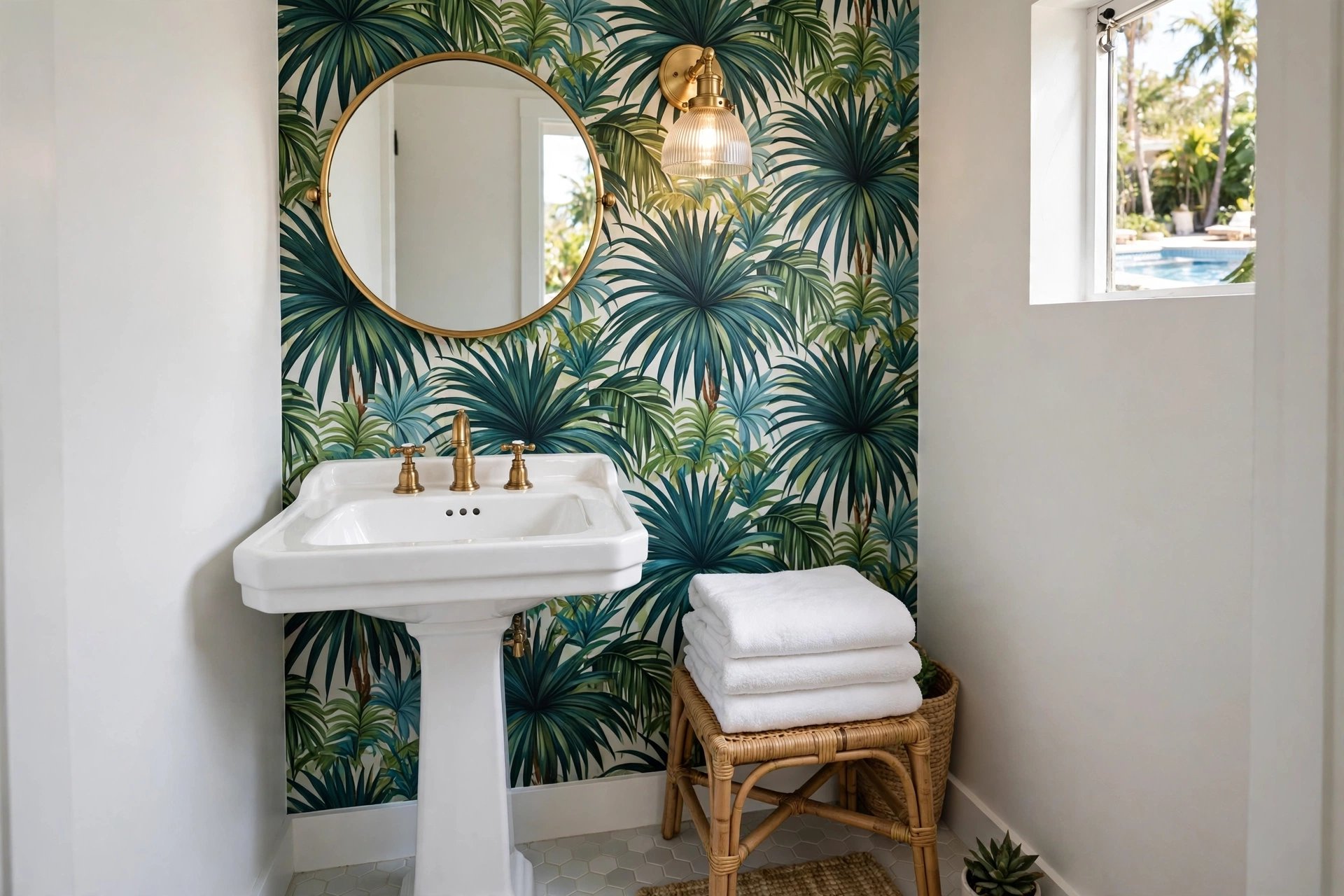 Tiny pool house bathroom with a bold tropical palm-leaf feature wall and rattan stool with folded towels