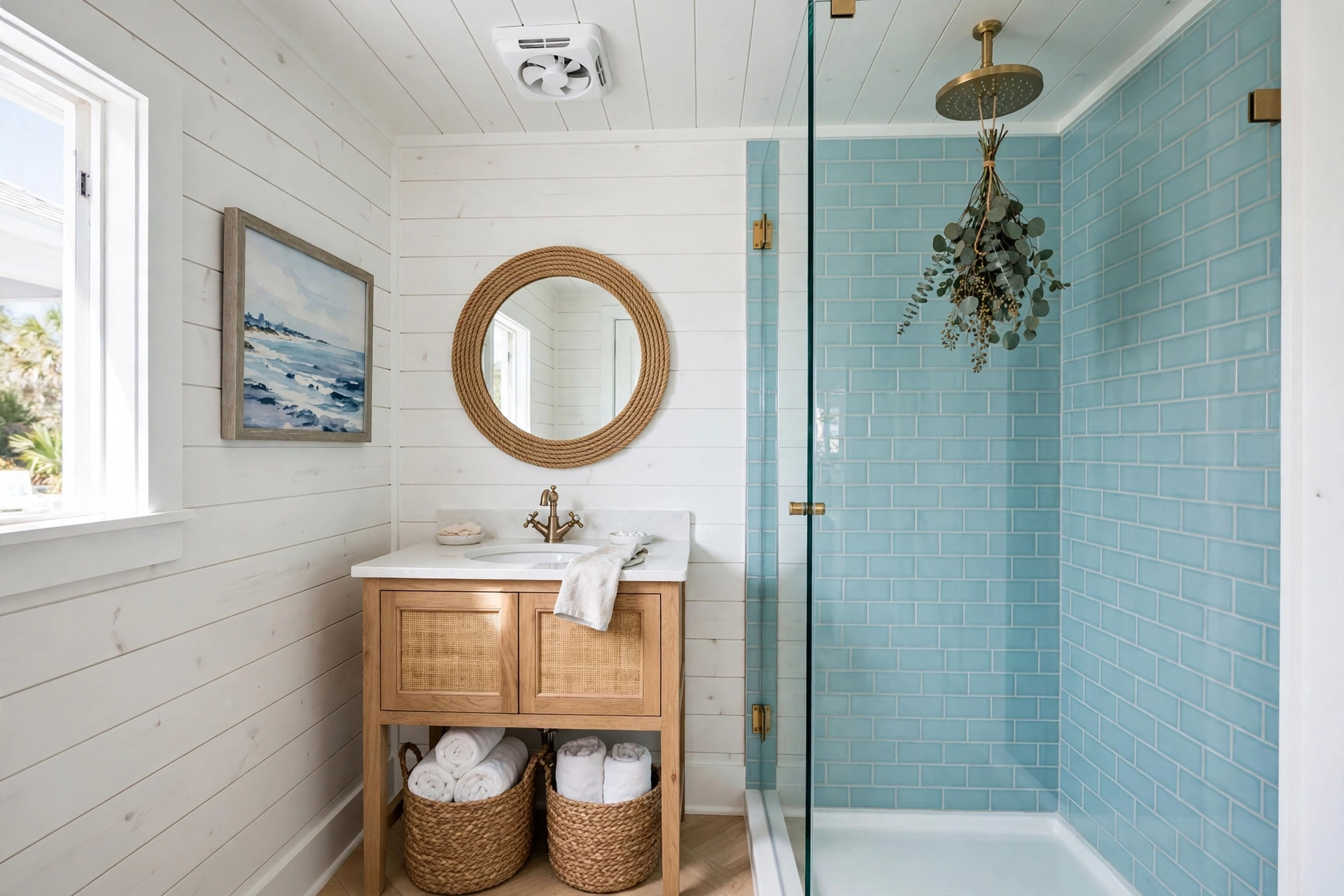 Pool house bathroom styled with rope-framed mirror, seagrass baskets, eucalyptus bundle and coastal wall art