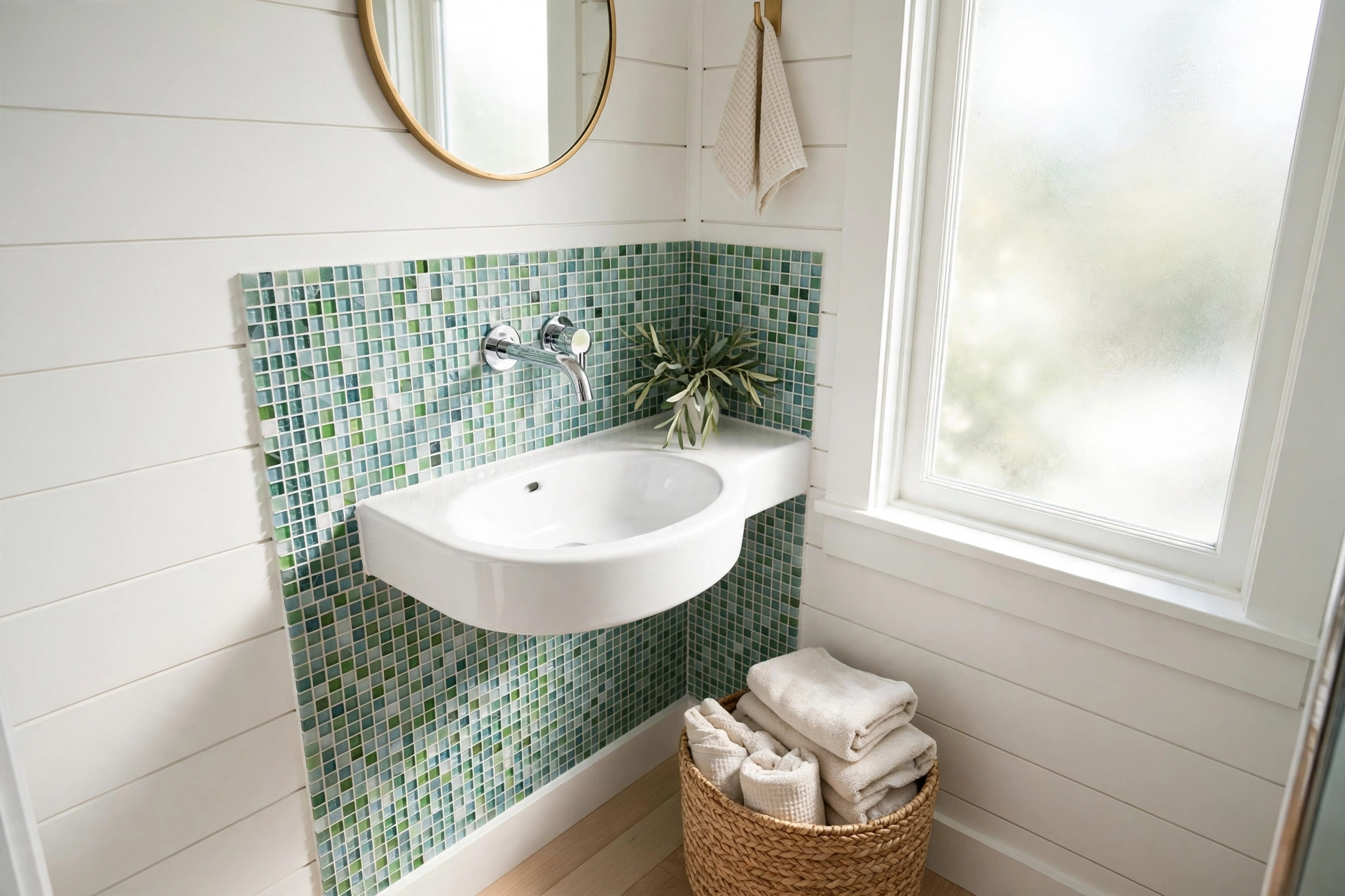 Space-saving white corner sink with wall-mounted tap and sea-glass mosaic tiles in a small pool bathroom