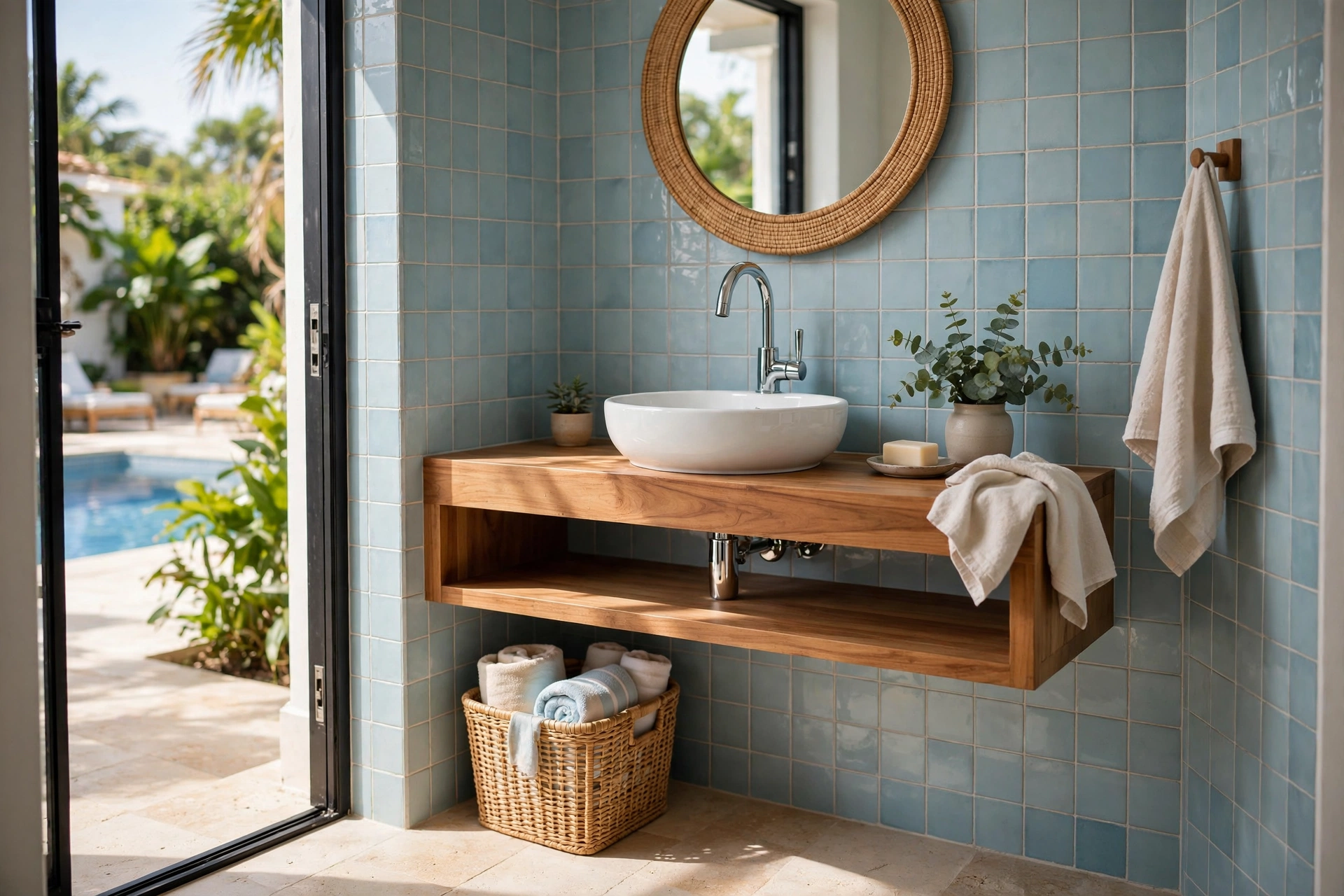 Wall-mounted floating teak vanity with white vessel sink and high-arc tap in a compact pool house bathroom