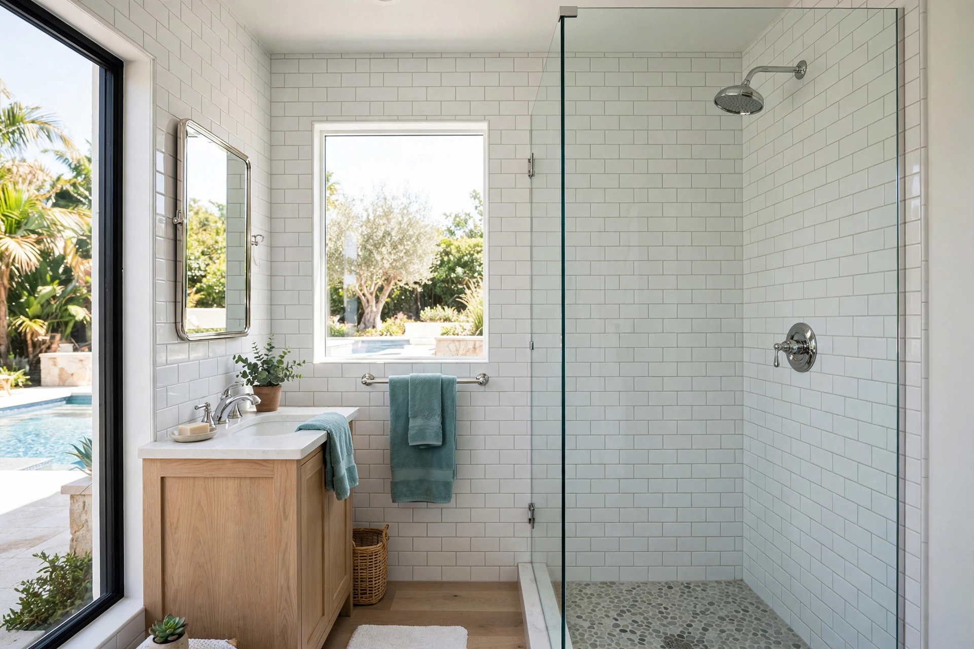 Frameless glass shower screen with rainfall showerhead in a bright small pool house bathroom