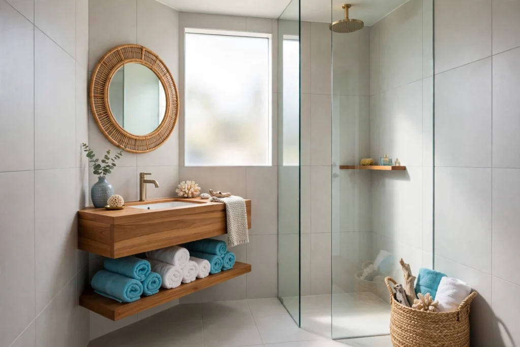 Compact stylish pool house bathroom with floating teak vanity, rattan mirror, large porcelain tiles, frameless glass shower and open towel shelf