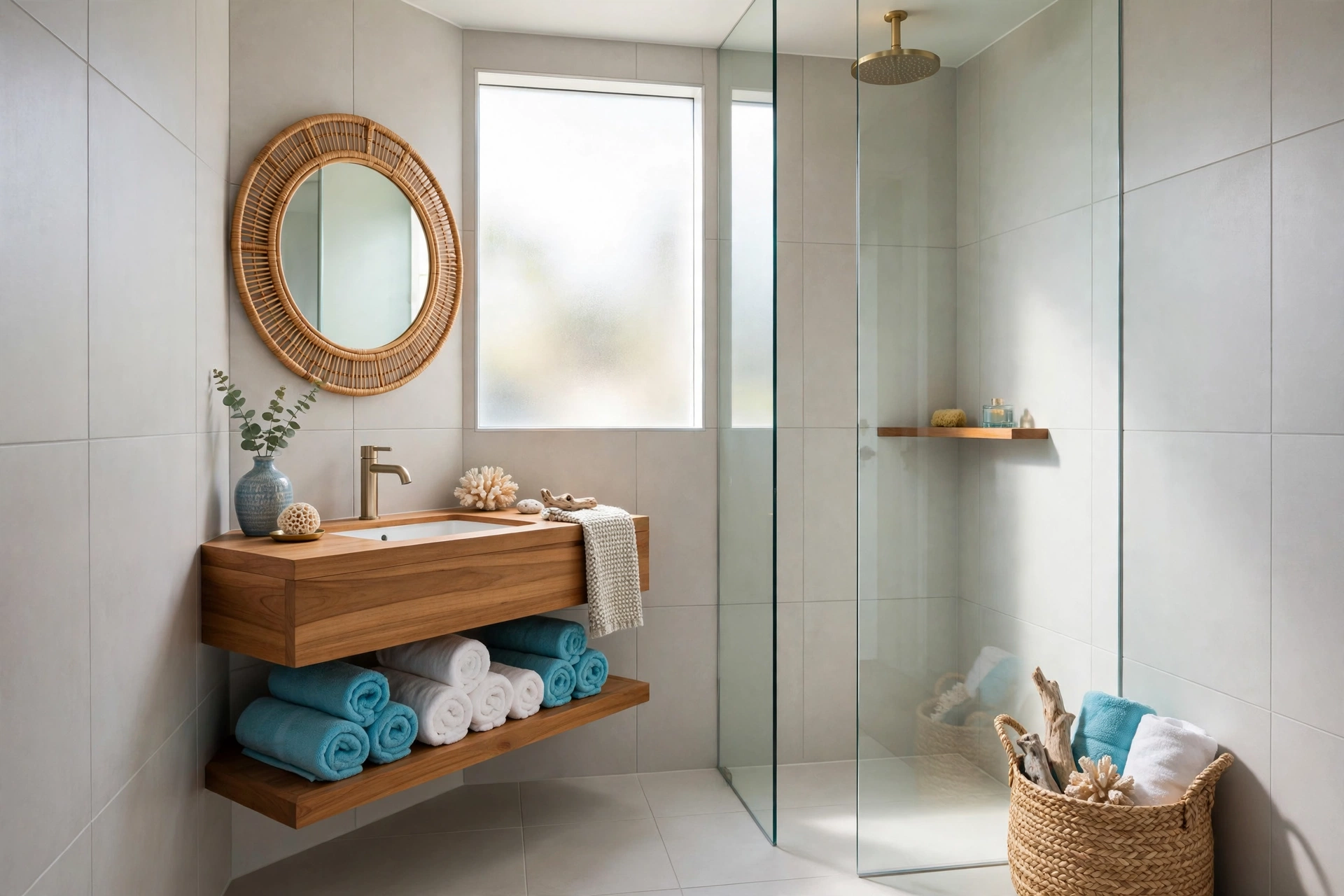 Compact stylish pool house bathroom with floating teak vanity, rattan mirror, large porcelain tiles, frameless glass shower and open towel shelf