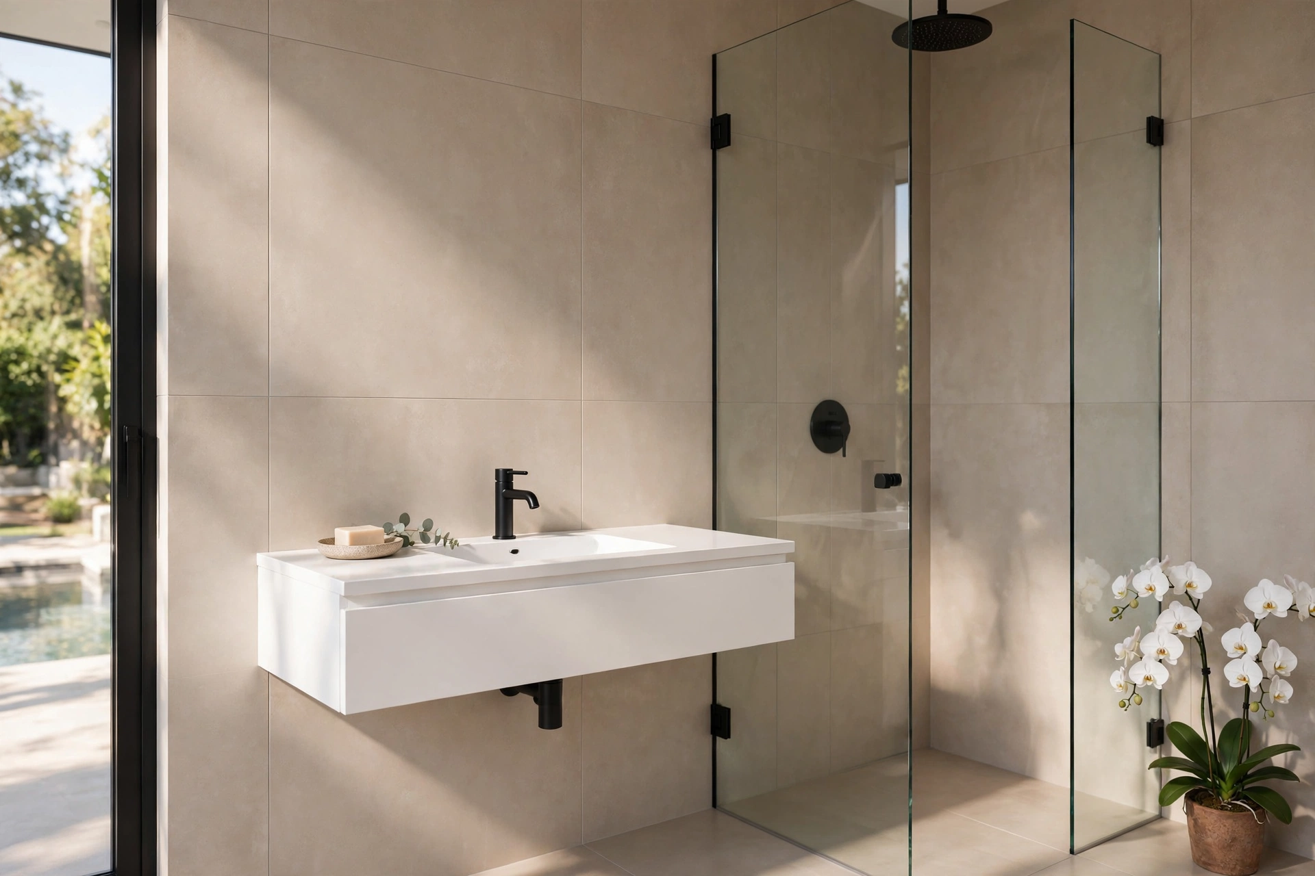 Small pool house bathroom with floor-to-ceiling large-format sand-beige porcelain tiles and minimalist floating vanity