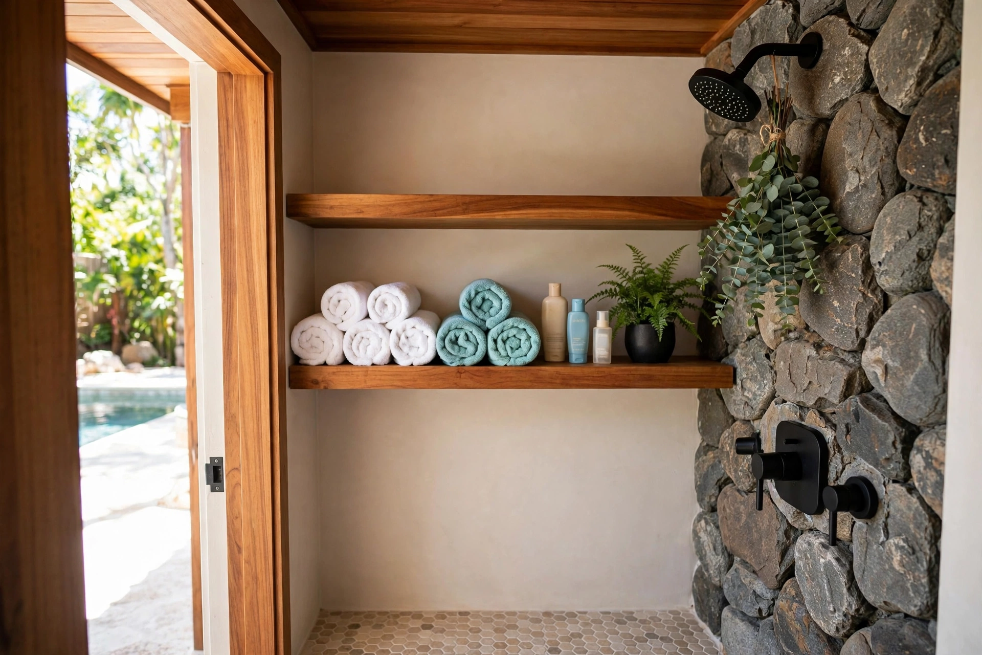 Open teak shelves with rolled towels, sunscreen and a fern in a pool house bathroom with river-rock accent wall