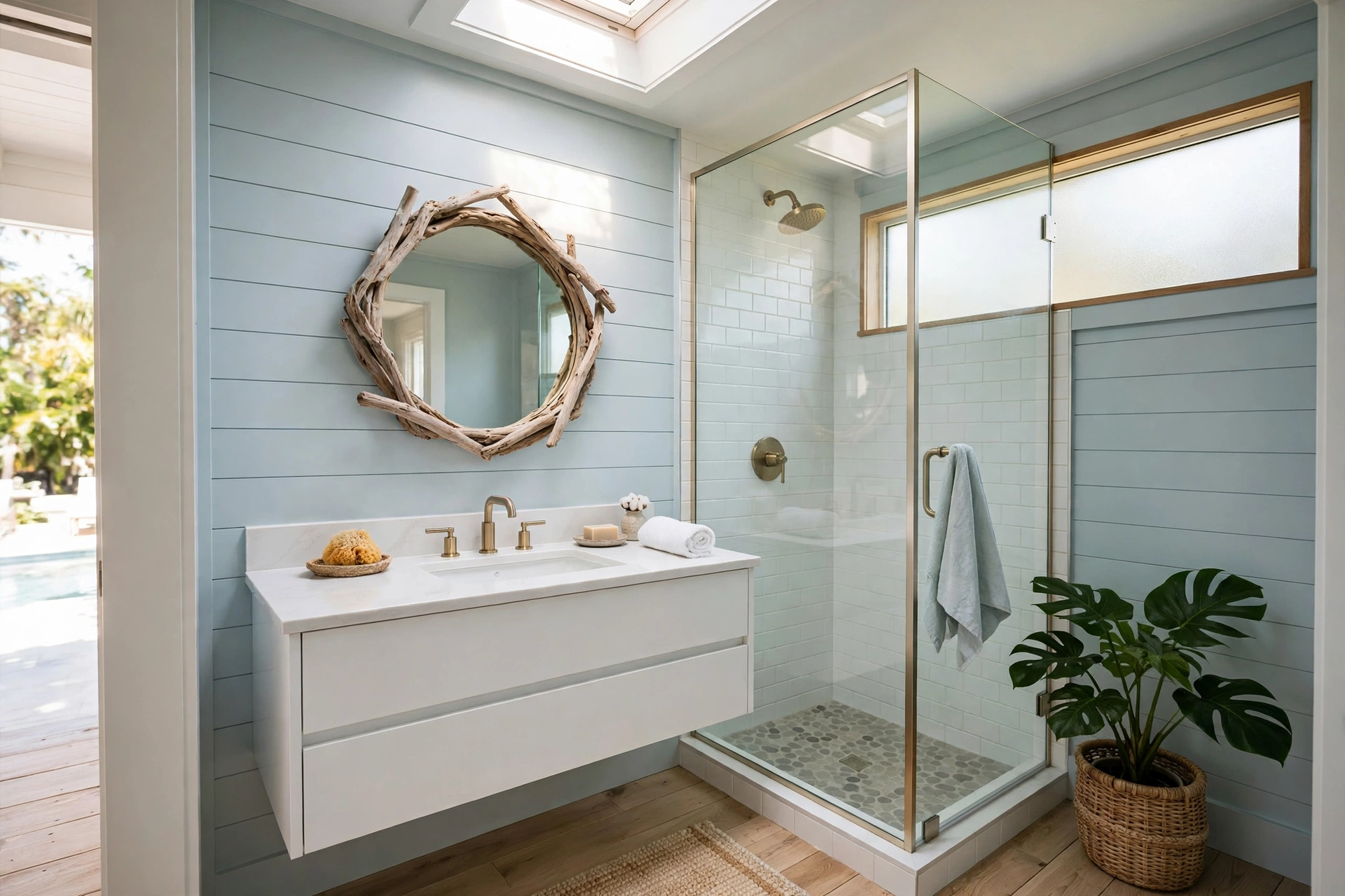 Small pool house bathroom flooded with natural daylight from a skylight and high frosted window