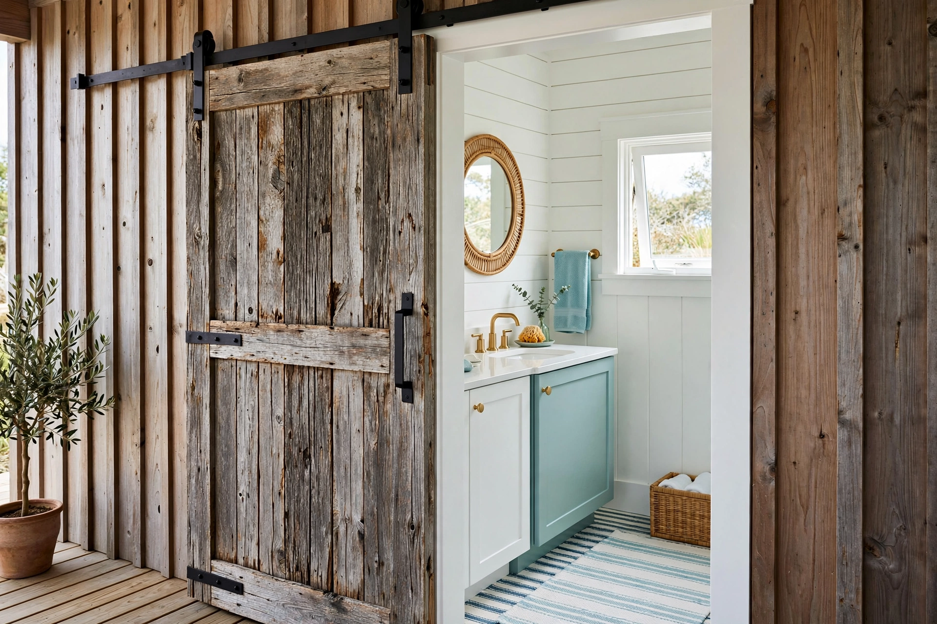Rustic barn-style teak sliding door on black hardware leading into a coastal pool house bathroom