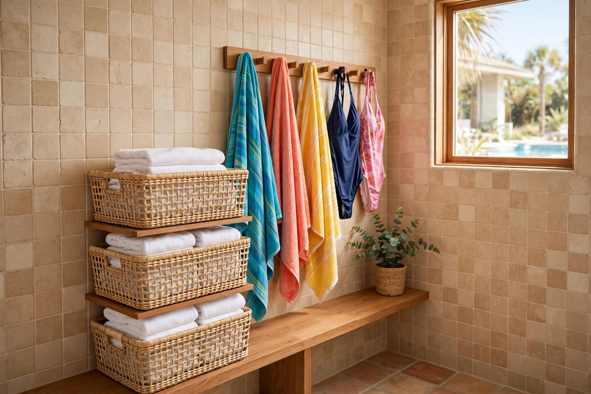 Towel drop station with labelled seagrass baskets and wooden hook rail holding beach towels in a pool bathroom