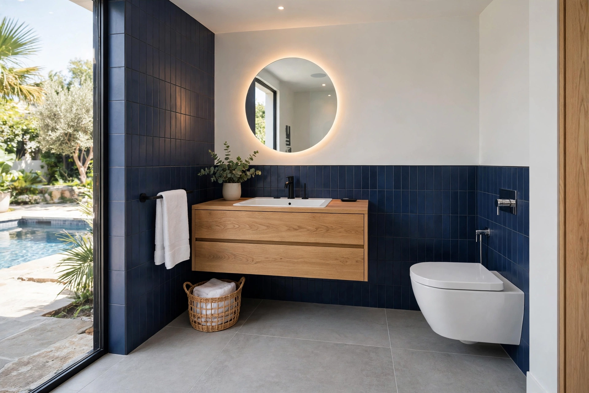 Sleek wall-hung toilet in a compact modern pool house bathroom with grey porcelain tiles and navy accent wall