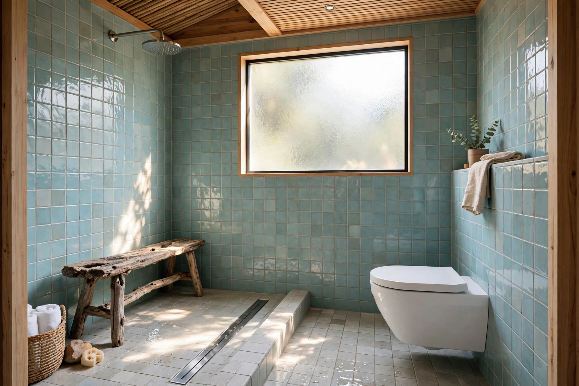 Compact pool house wet-room bathroom with tanked sloped floor, linear drain, aqua tiles and driftwood shower bench