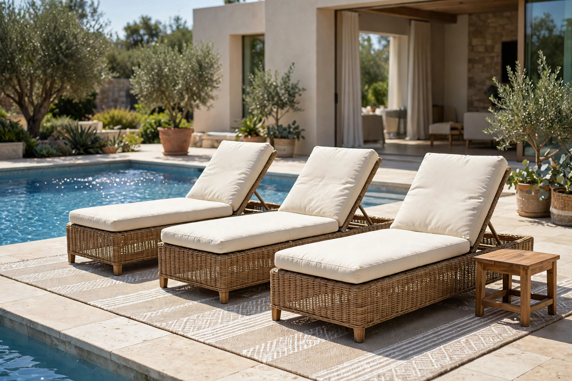 Poolside lounge zone with wicker sun loungers and patterned outdoor rug