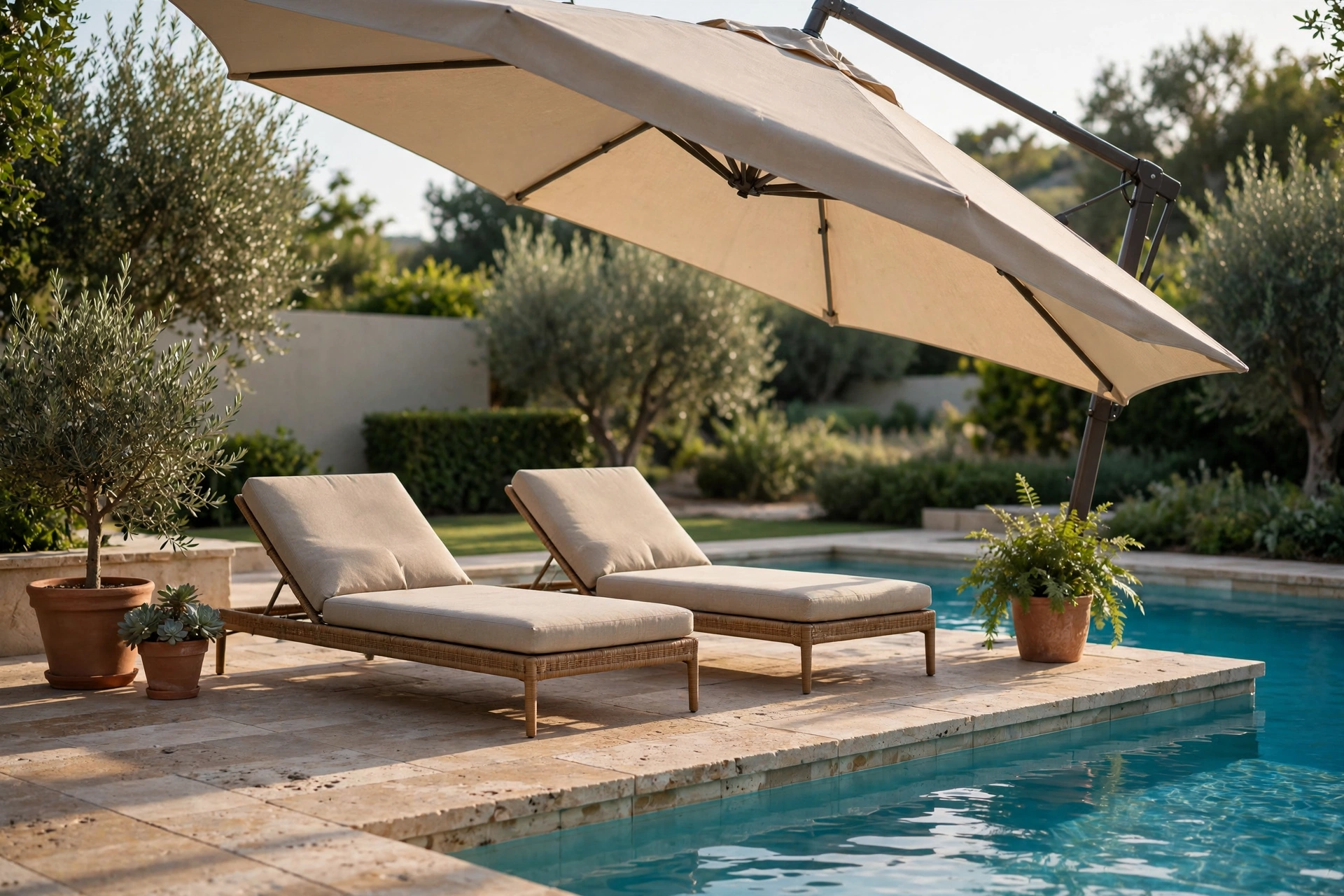 Beige cantilever umbrella shading sun loungers beside a turquoise pool