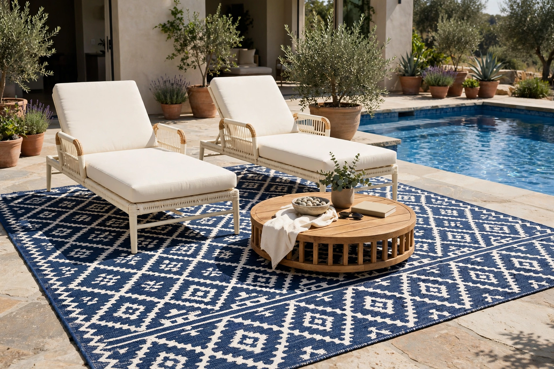 Navy and white patterned outdoor rug under lounge chairs by the pool