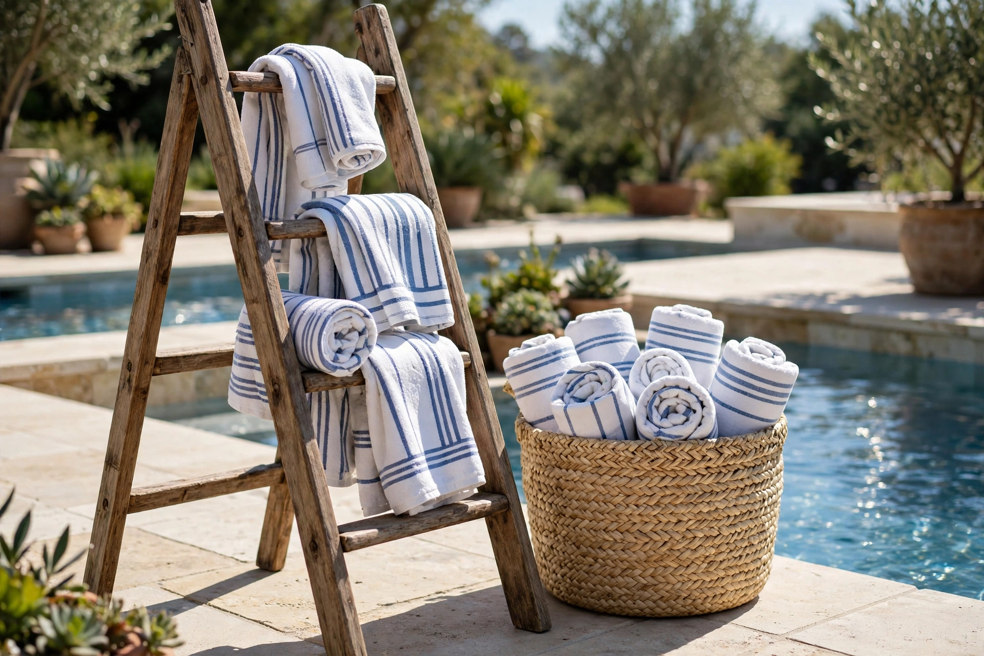 Wooden ladder towel station with rolled striped towels beside the pool