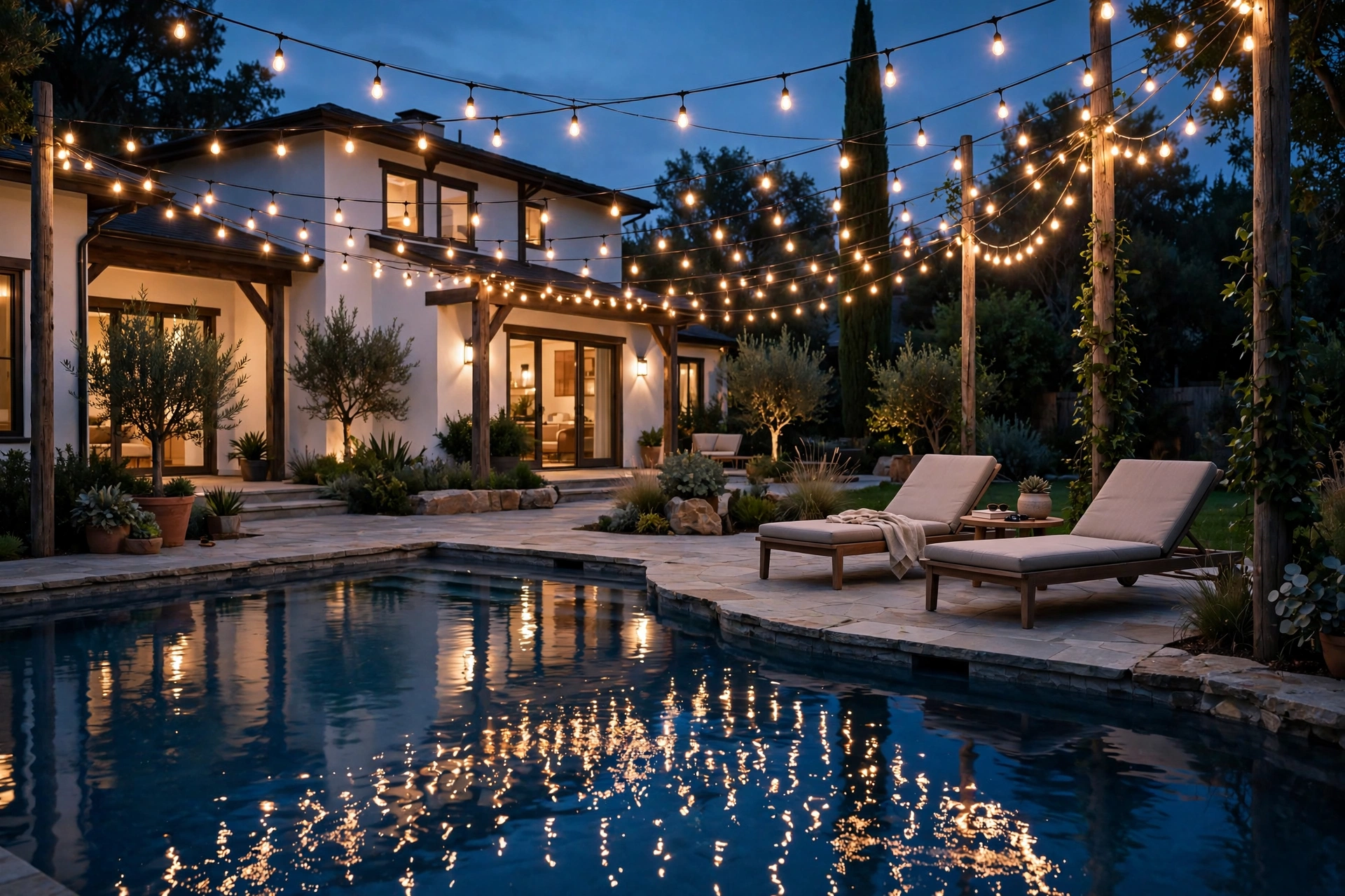 Warm string lights glowing over a pool deck at dusk