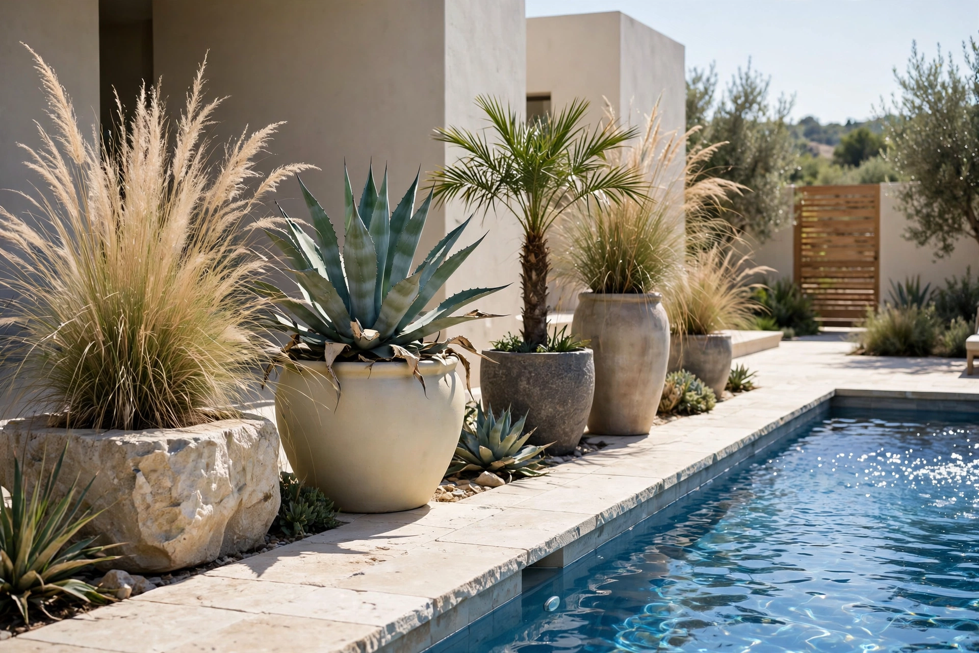 Large planters with agave and grasses lining a pool deck