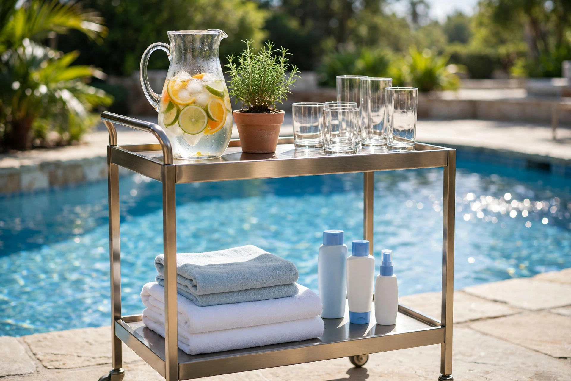 Poolside bar cart with citrus water pitcher and glasses