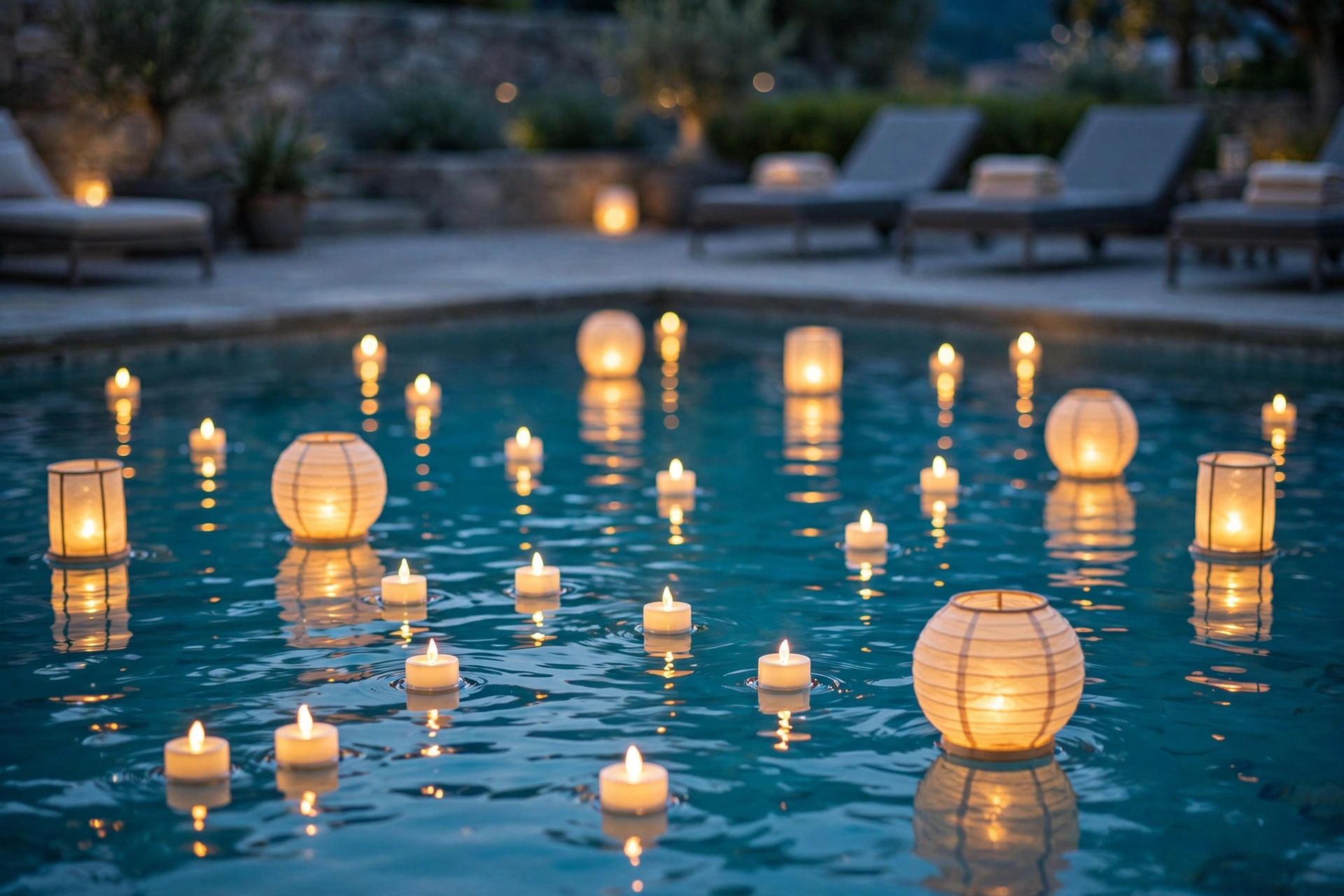 Floating LED candles and lanterns glowing on pool water at dusk