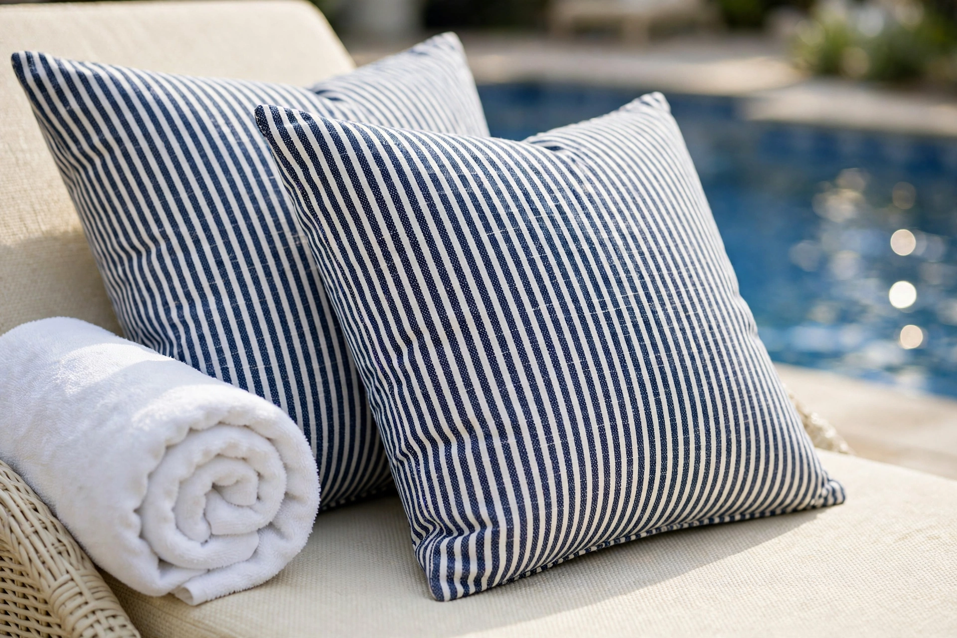 Navy and white striped outdoor throw pillows on a cream sun lounger