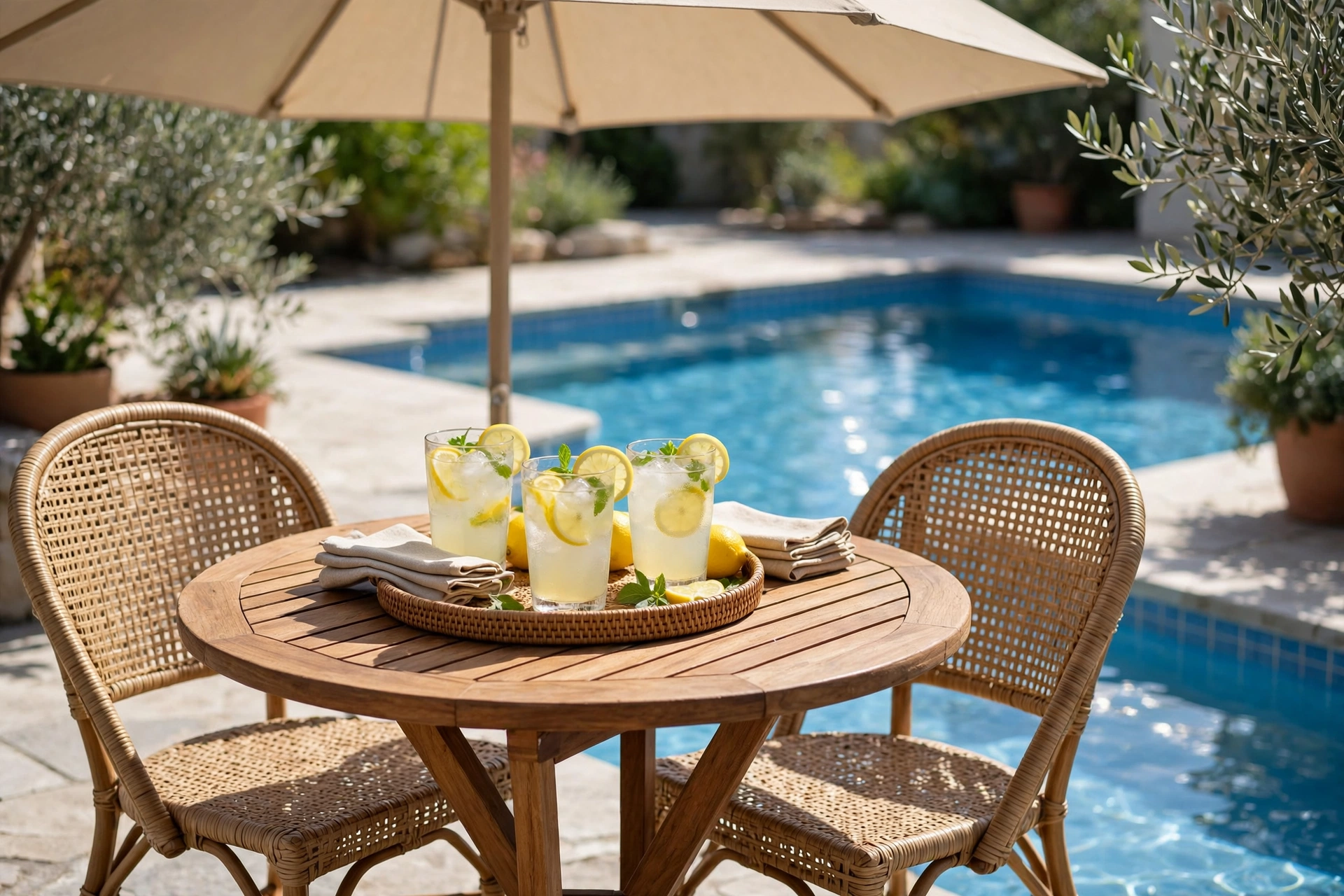 Poolside bistro dining set with umbrella beside a swimming pool
