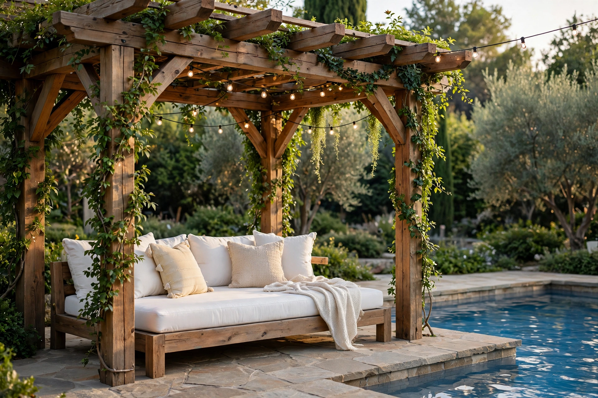 Wooden pergola with daybed and climbing vines beside a pool