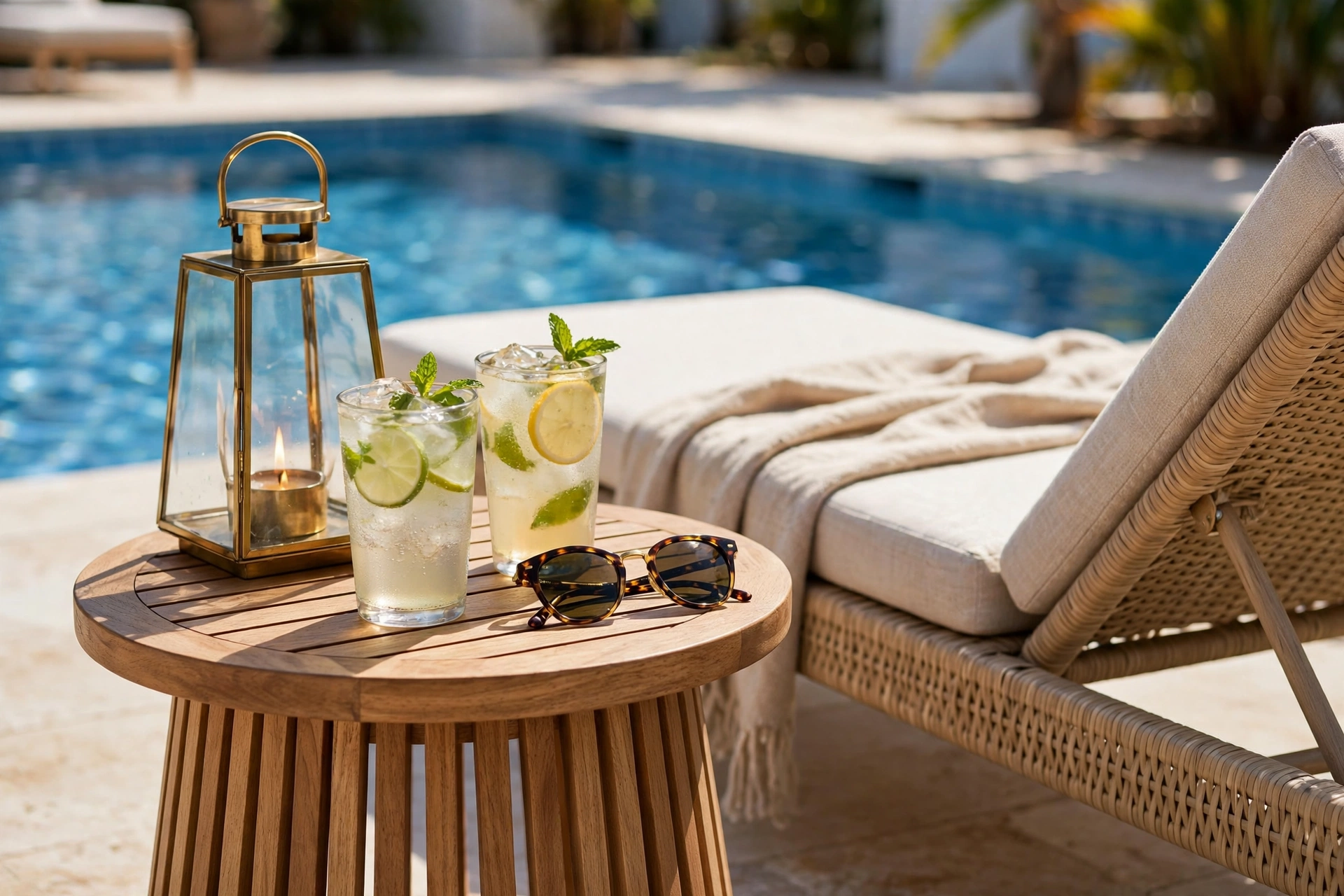 Small wooden side table with lantern and drinks beside a sun lounger