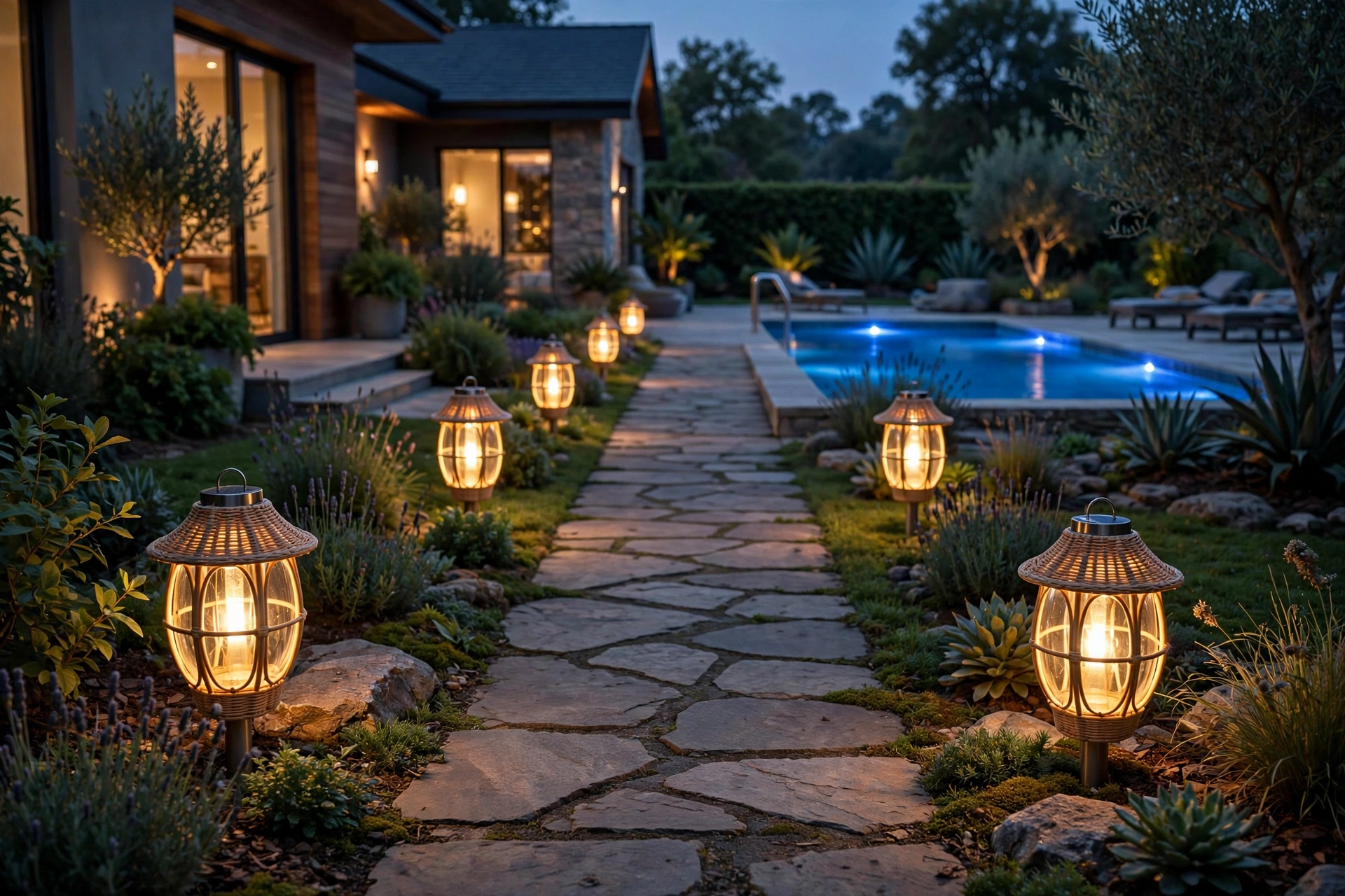 Solar lanterns glowing along the path to a pool at dusk