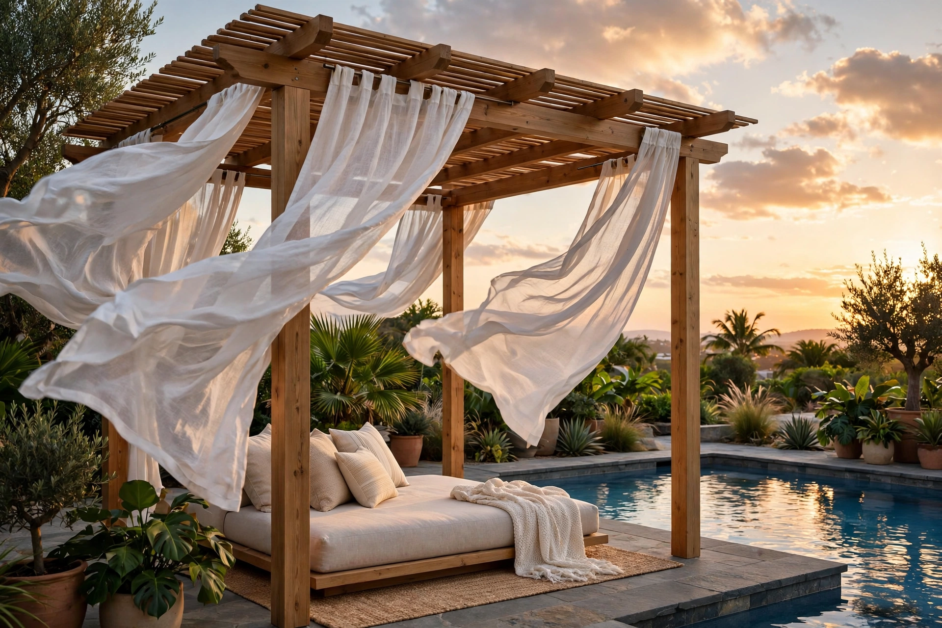 Pergola with billowing white curtains over a poolside daybed at sunset