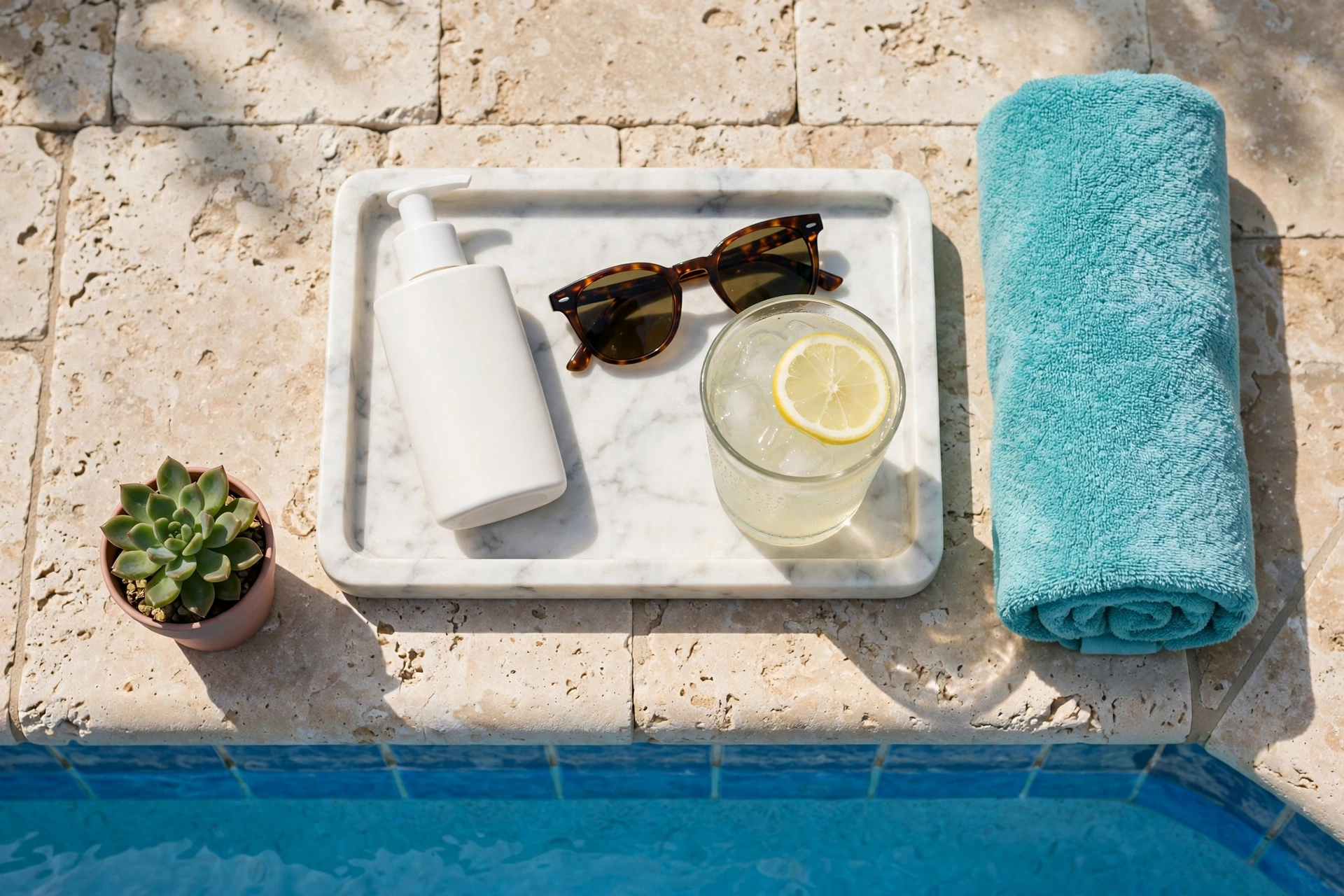 Styled poolside accessories tray with sunscreen, sunglasses and lemonade