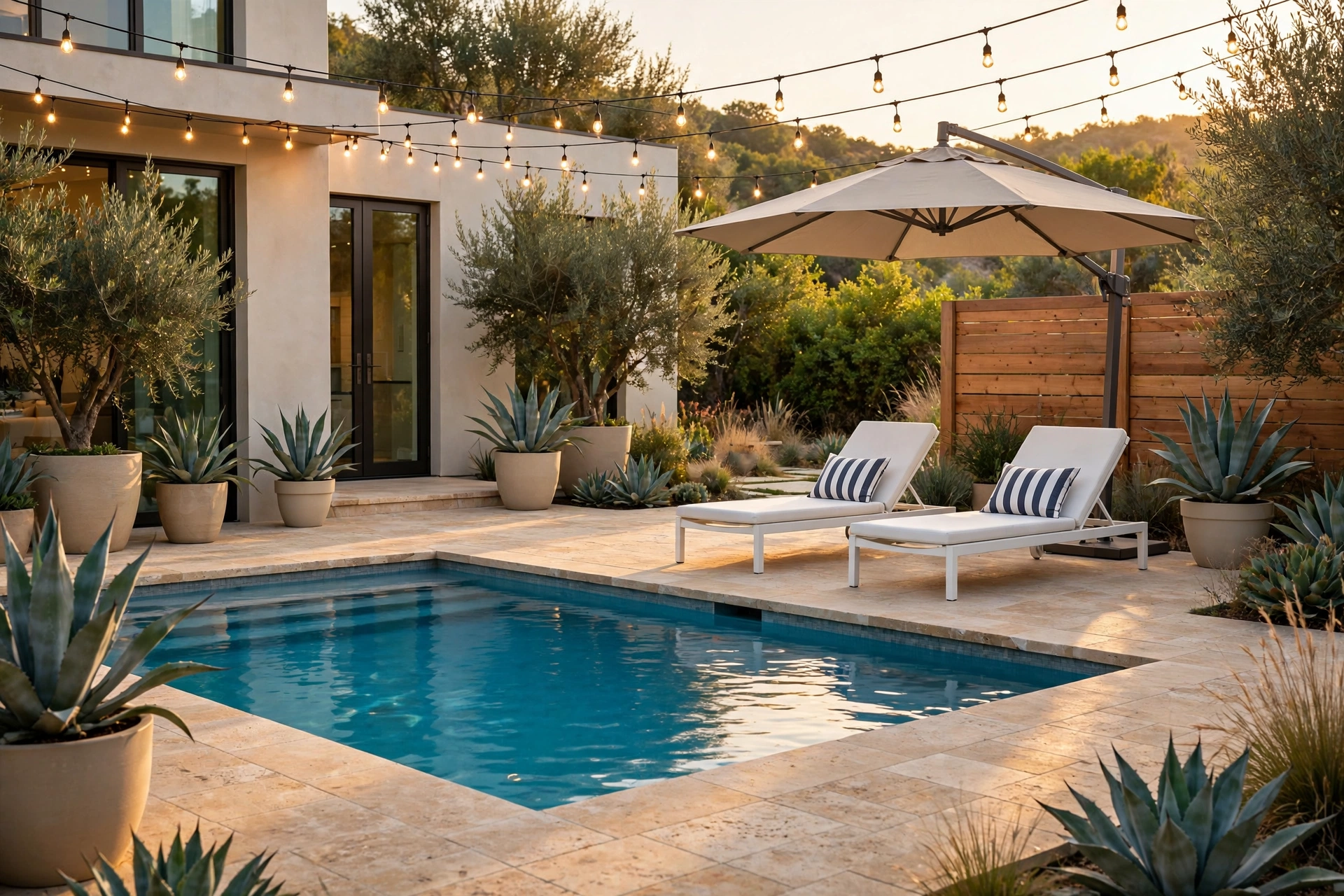 Styled backyard pool area at golden hour with sun loungers, striped pillows and cantilever umbrella