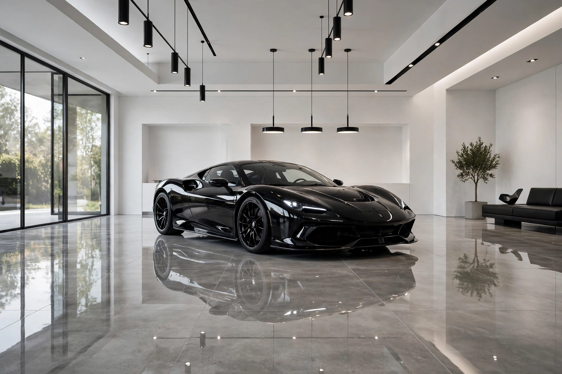 Showroom-style garage with large-format polished porcelain floor tiles and a black sports car