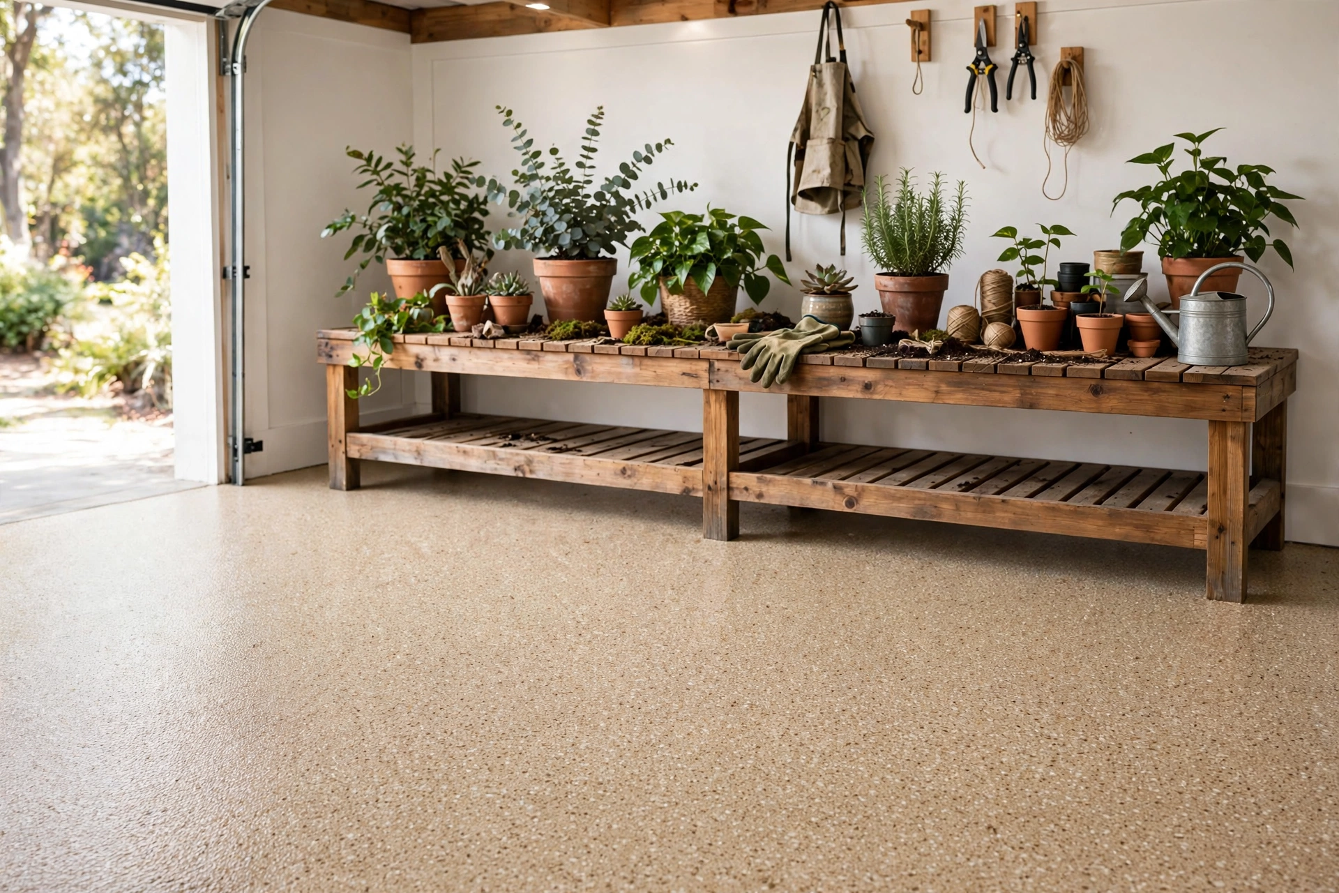 Garage floor with a warm beige quartz broadcast epoxy finish beside a wooden potting bench
