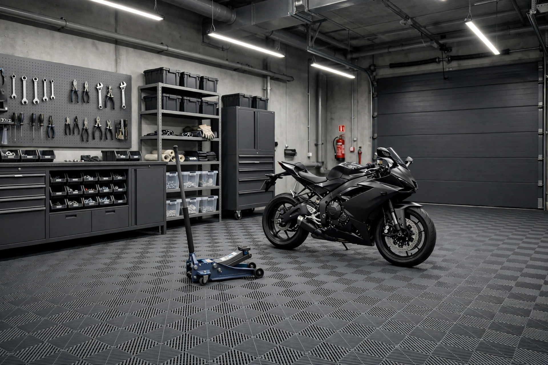 Working garage with rigid dark grey polypropylene interlocking tiles in a diamond-tread pattern